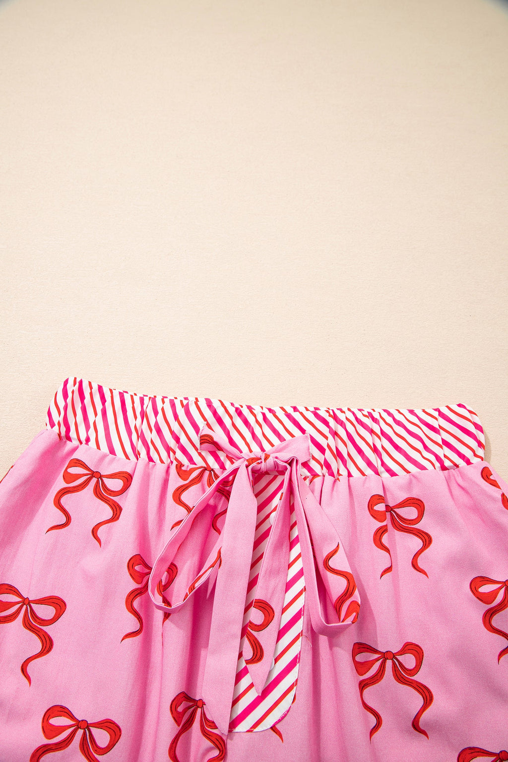 Bow Stripe Patchwork Elastic Waist Lace Trim Shorts