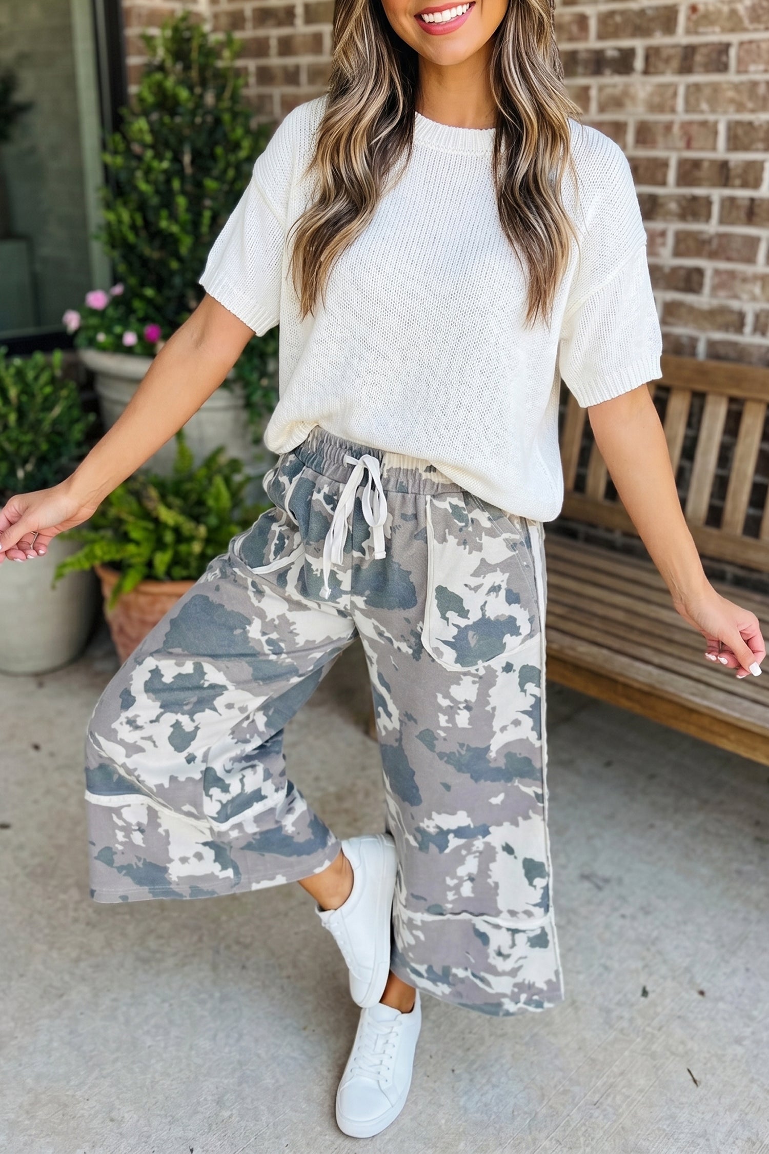 Camo Raw Edge Pocketed Drawstring Pants
