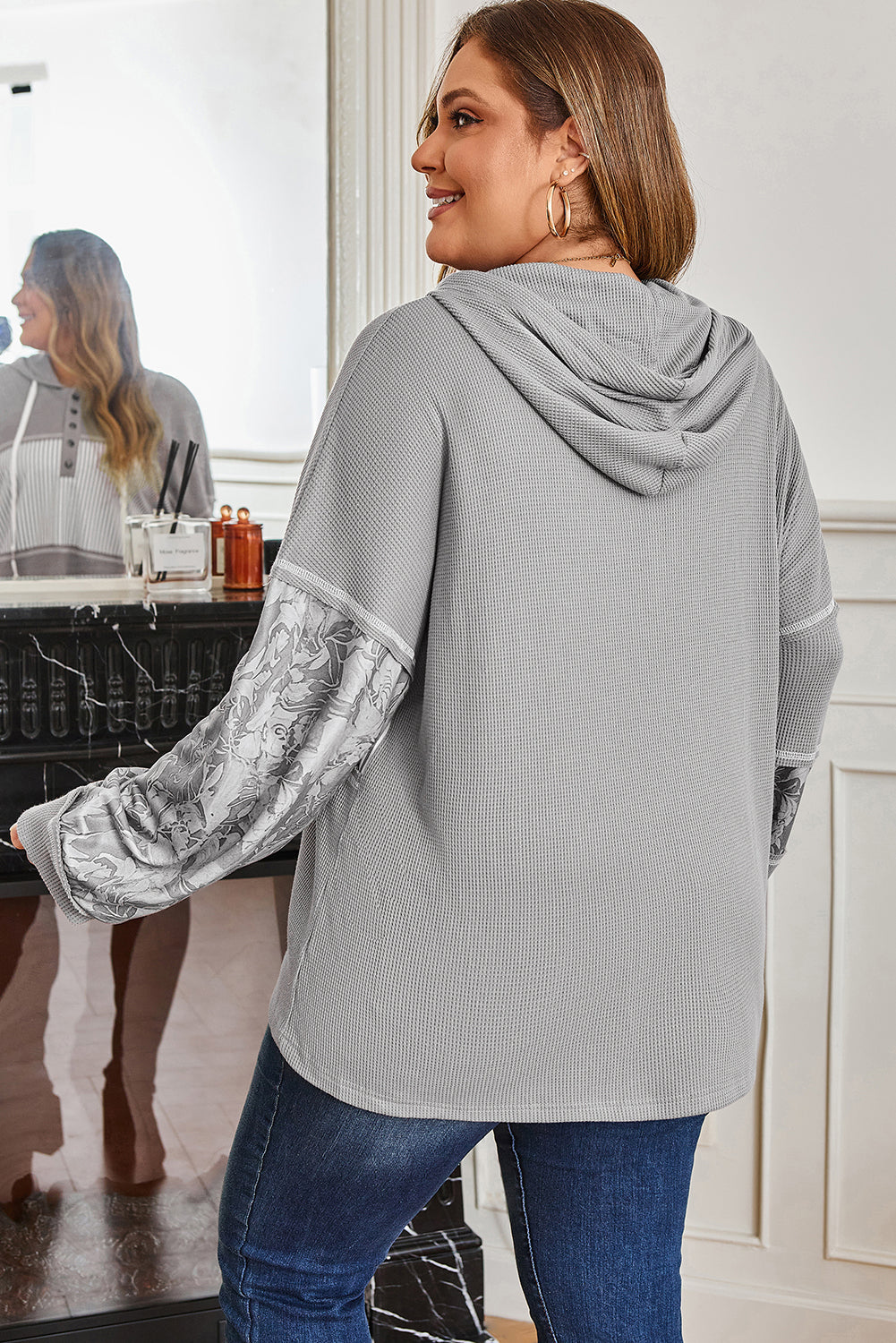 Plus Size Stripe Patchwork Waffle Half-Button Hooded Top