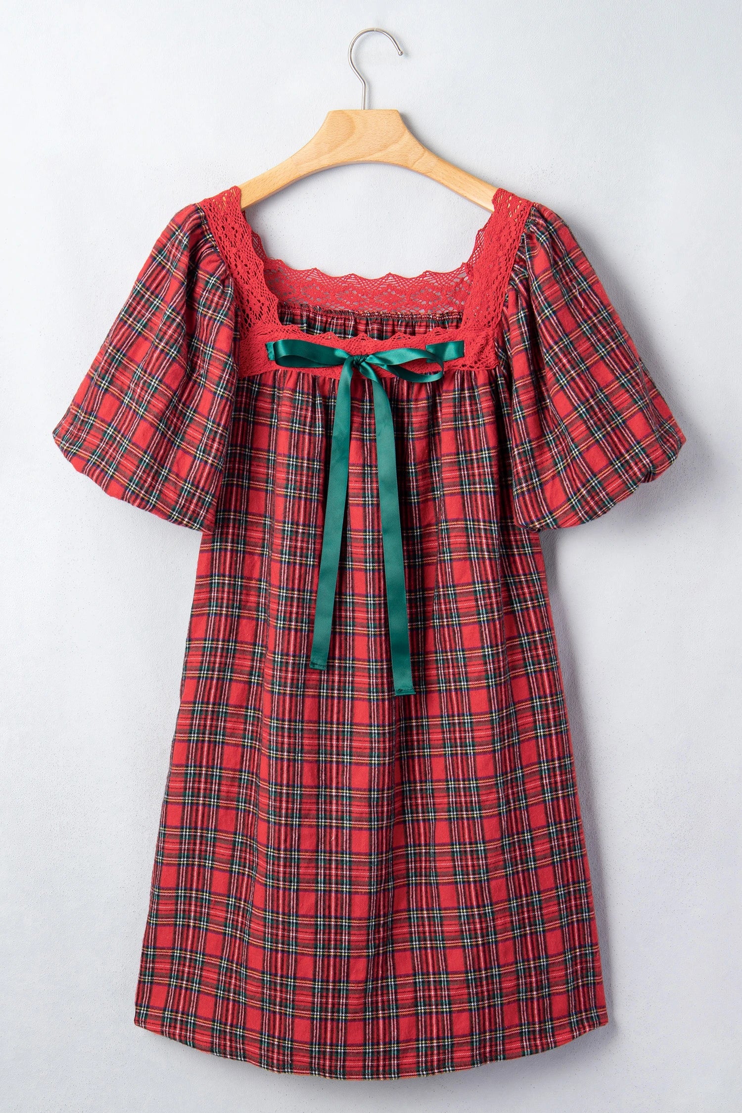 Plaid Lace Trim Square Neck Mini Babydoll Dress