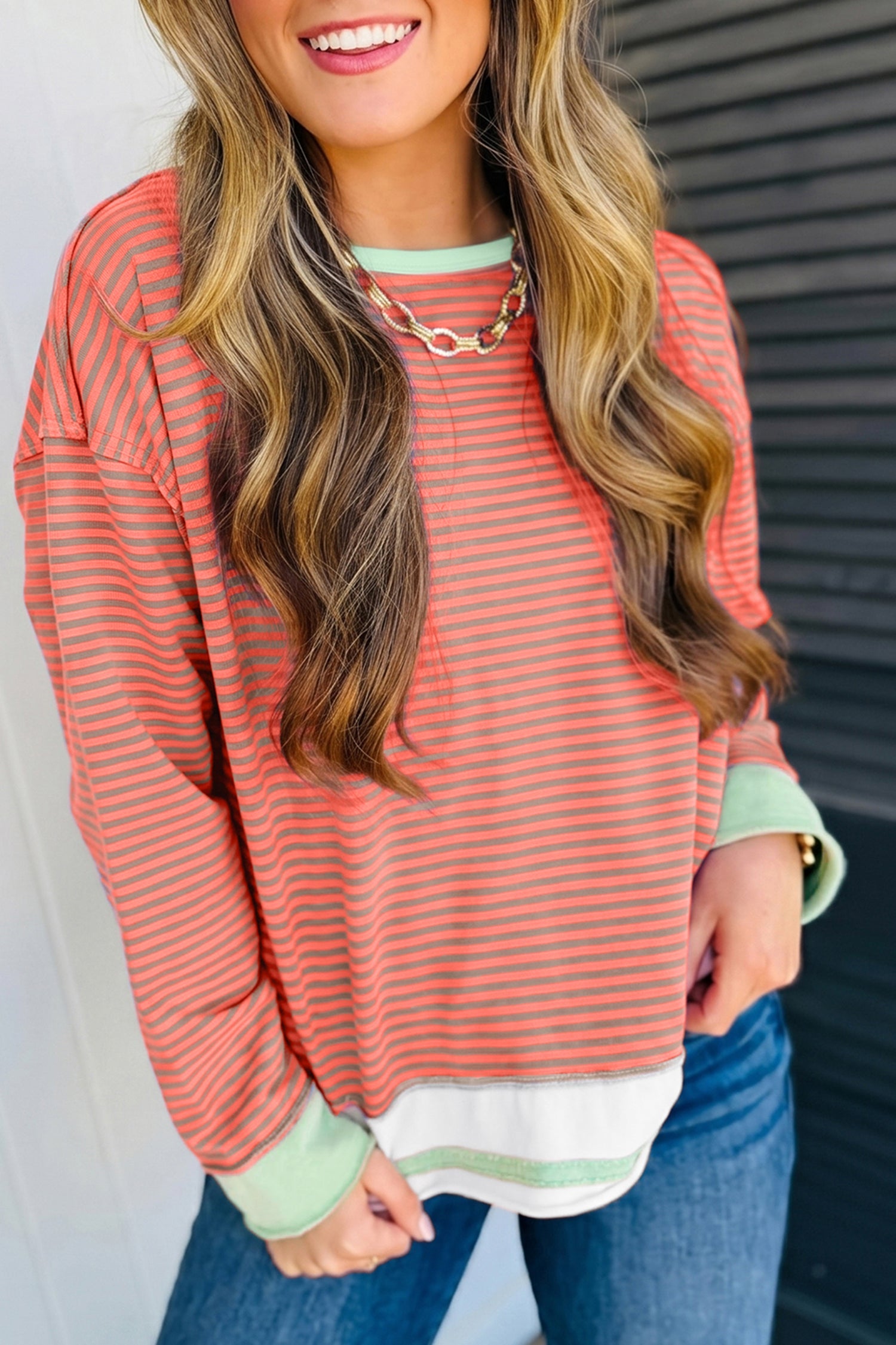 Stripe Colorblock Raw Seam Long Sleeve Top