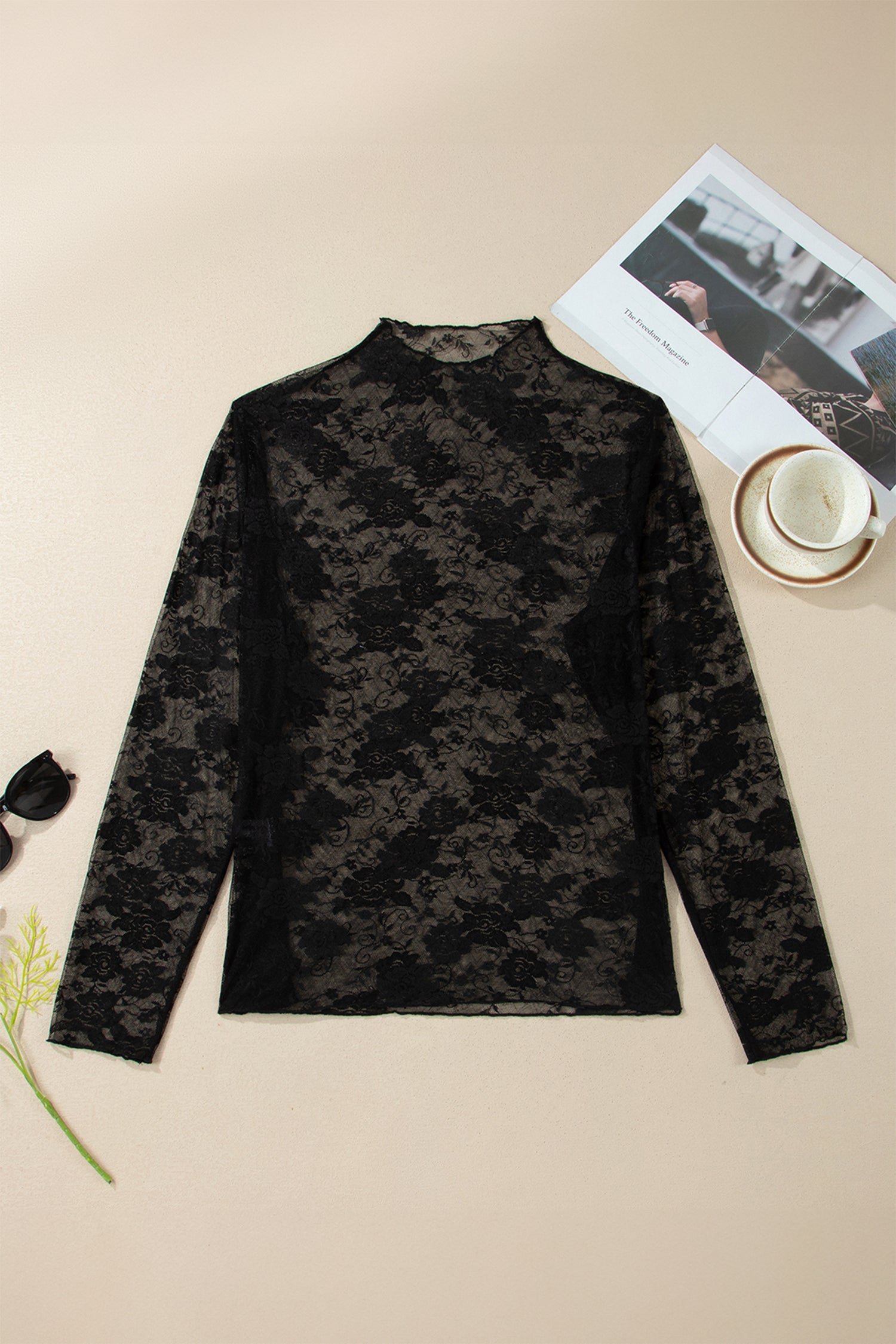 Plus Size Floral Mesh Long Sleeve Top