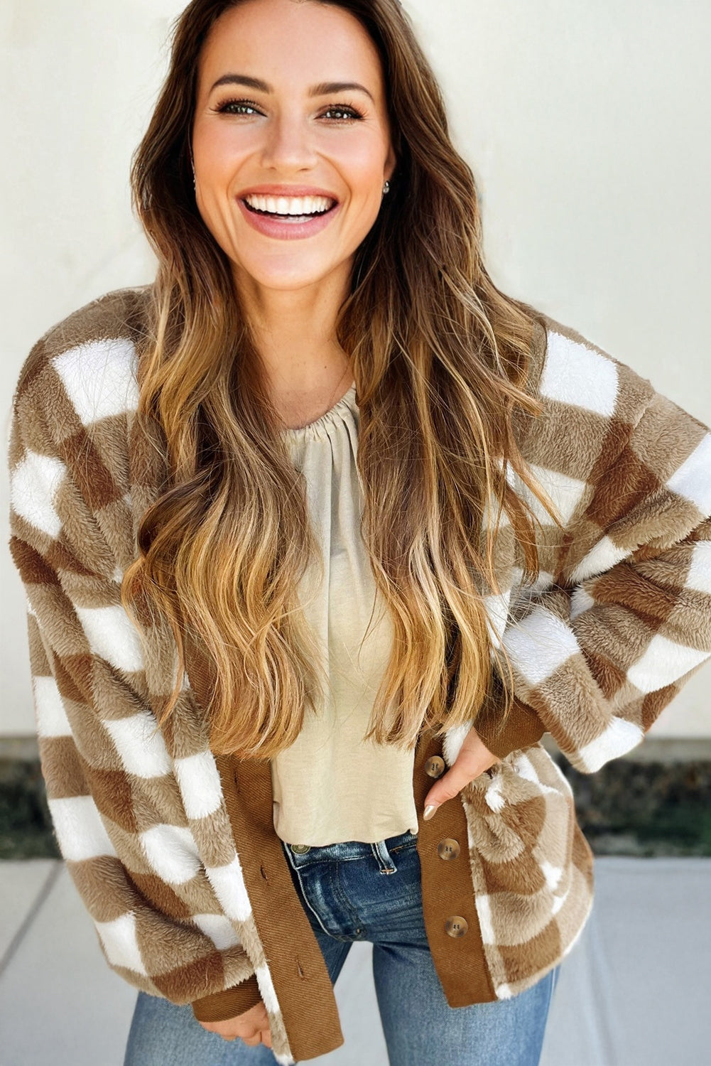 Checker Sherpa Button-Up Pocketed Cardigan