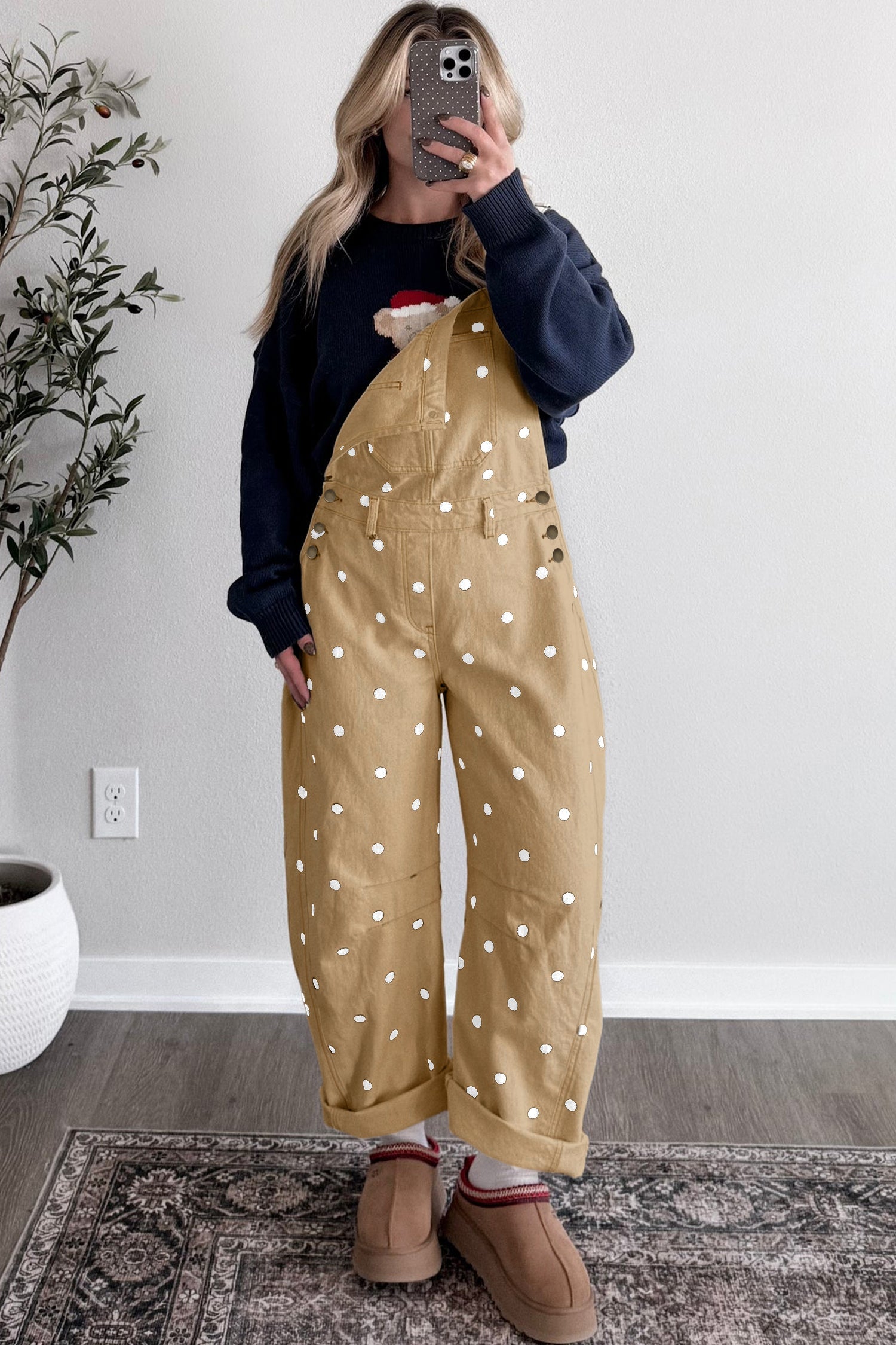 Polka Dot Denim Barrel Leg Overalls Jumpsuit