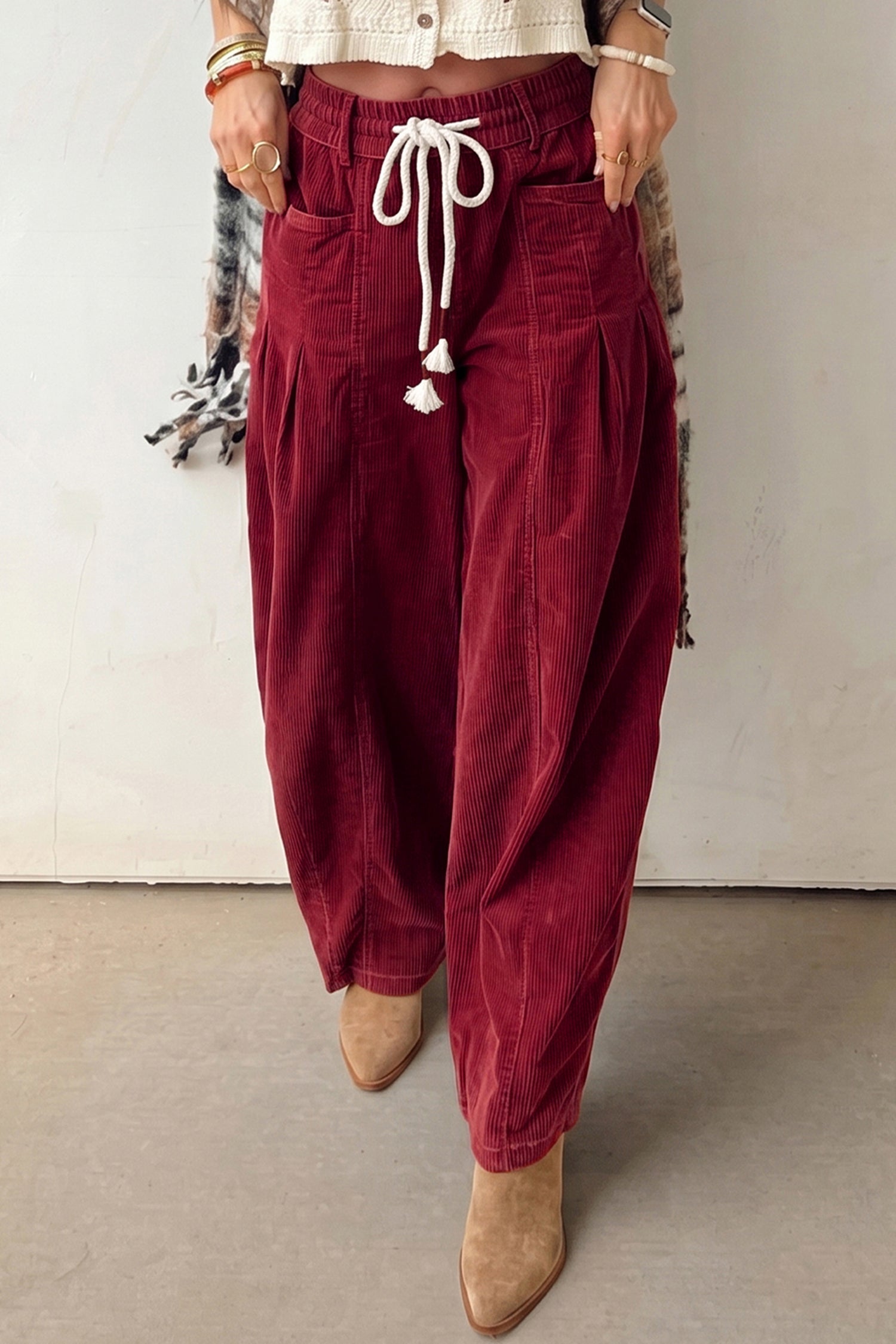 Corduroy Drawstring Waist Pleated Straight Leg Pants