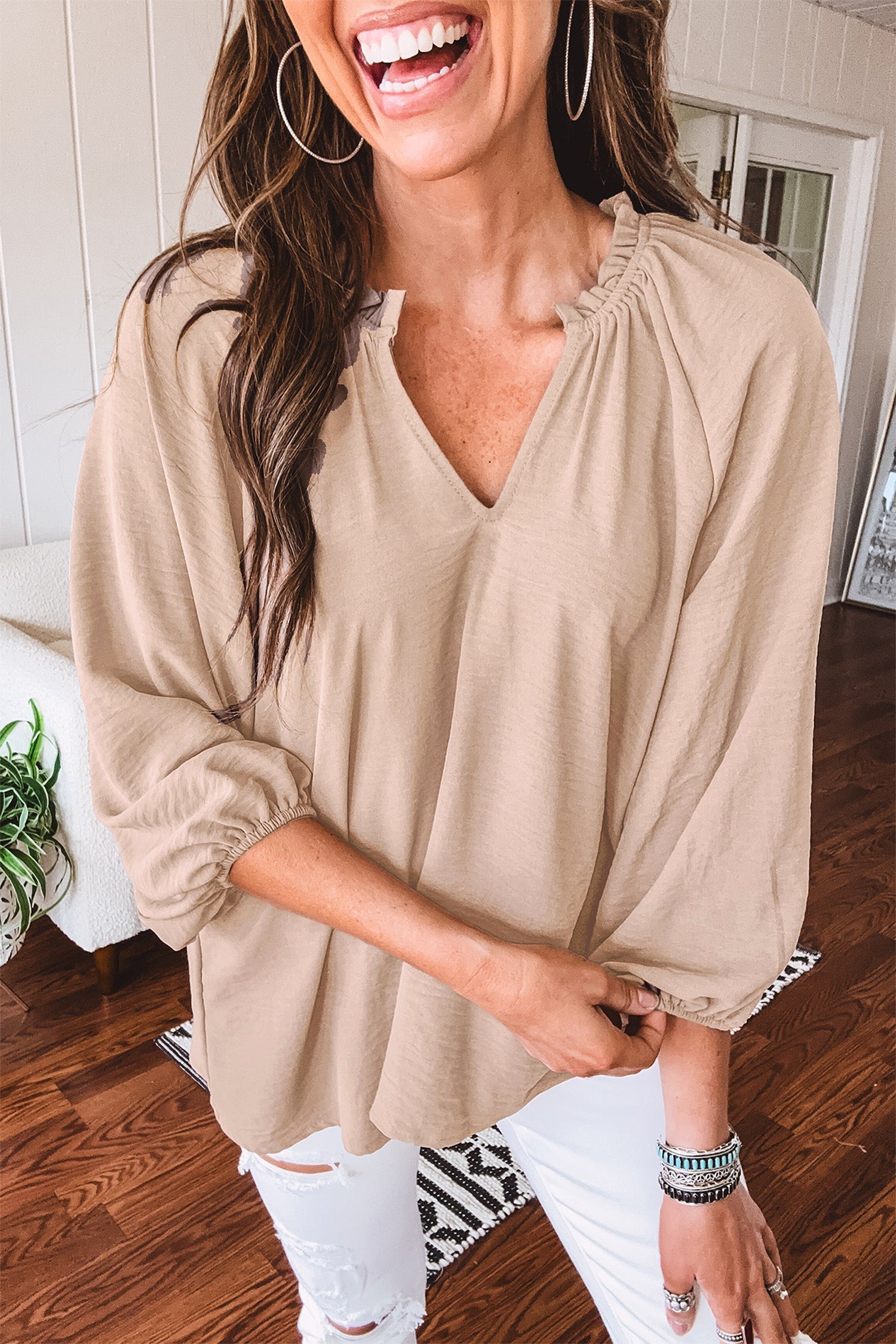 Solid Gathered Cuff 3/4 Sleeve V-Neck Blouse