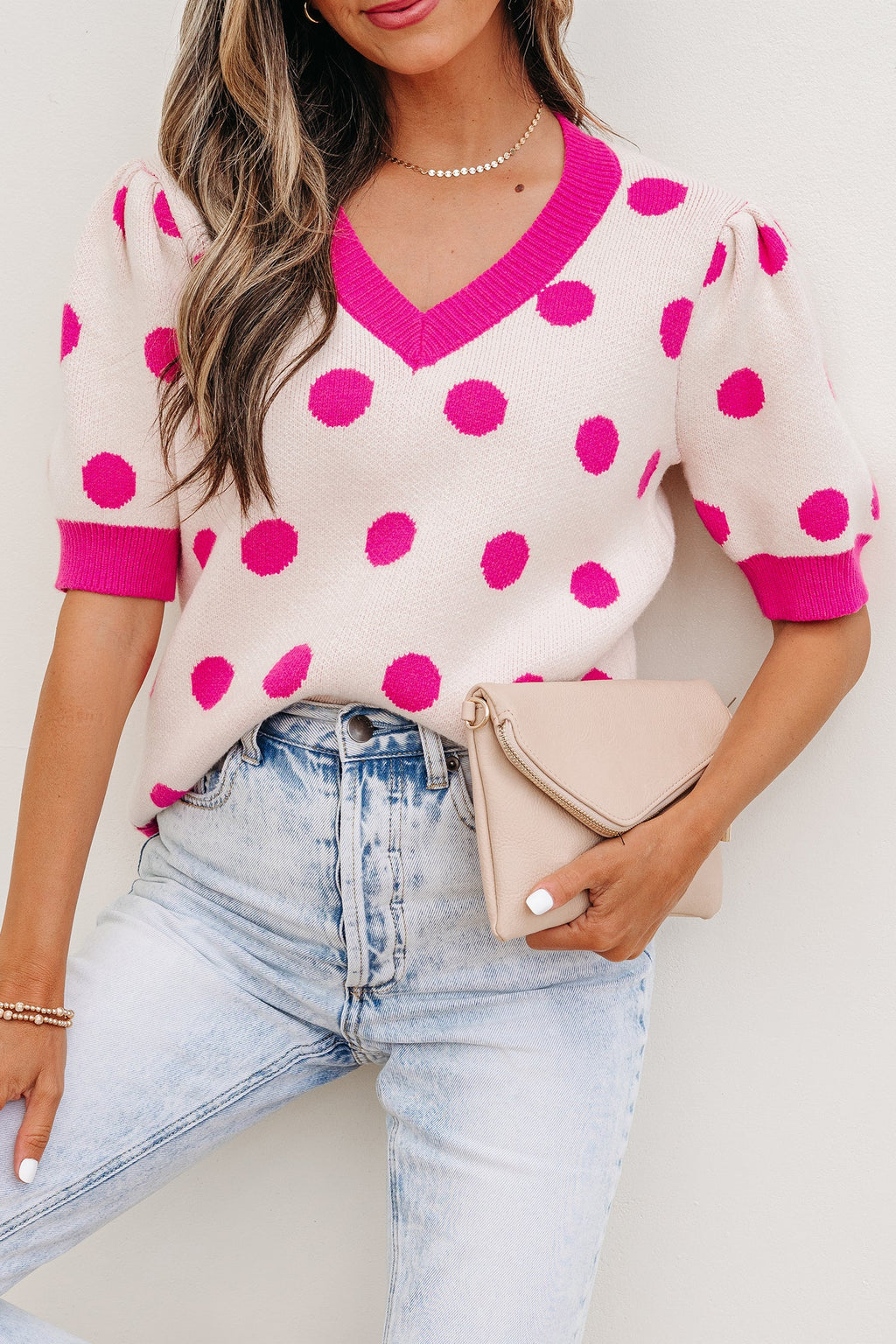 Polka Dot Puff Short Sleeve Sweater Top