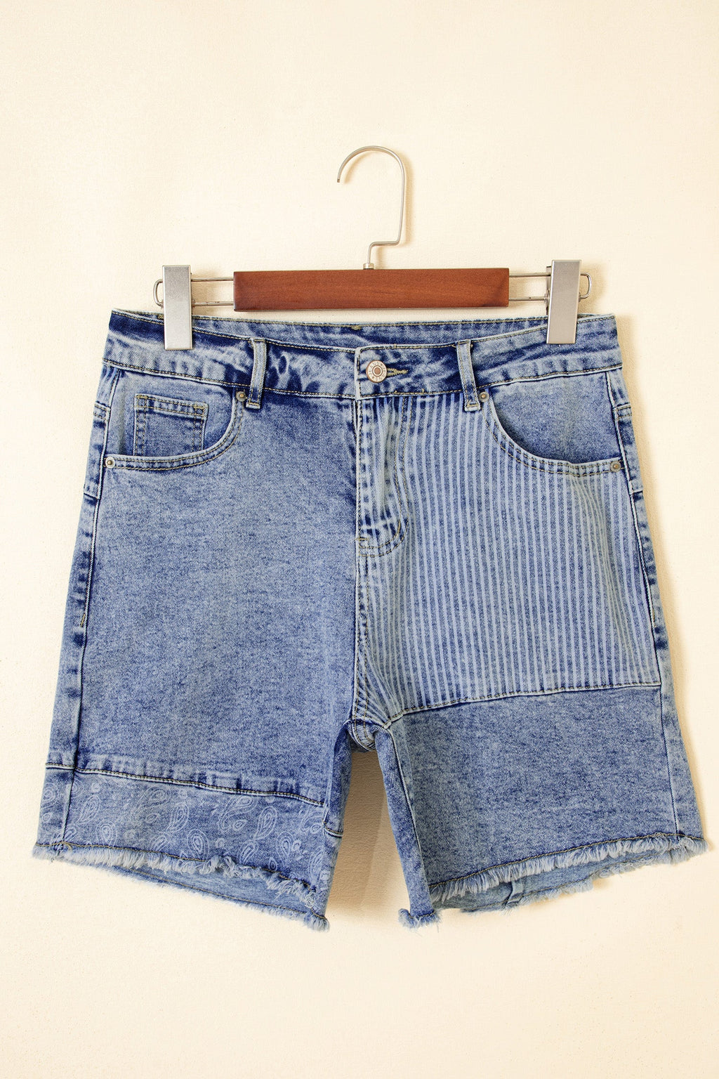 Stripe Denim Paisley Patchwork Raw Hem Shorts