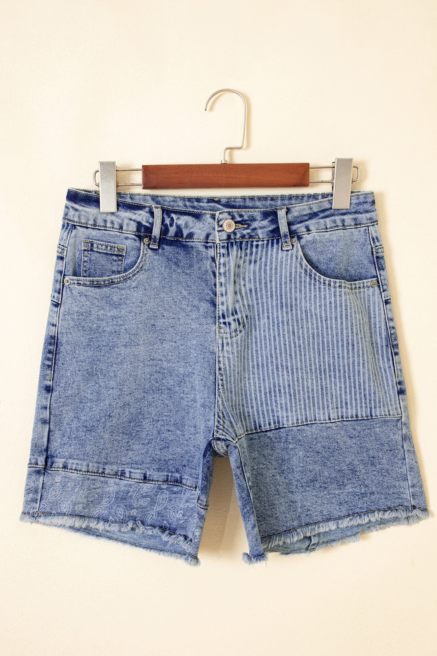 Stripe Denim Paisley Patchwork Raw Hem Shorts