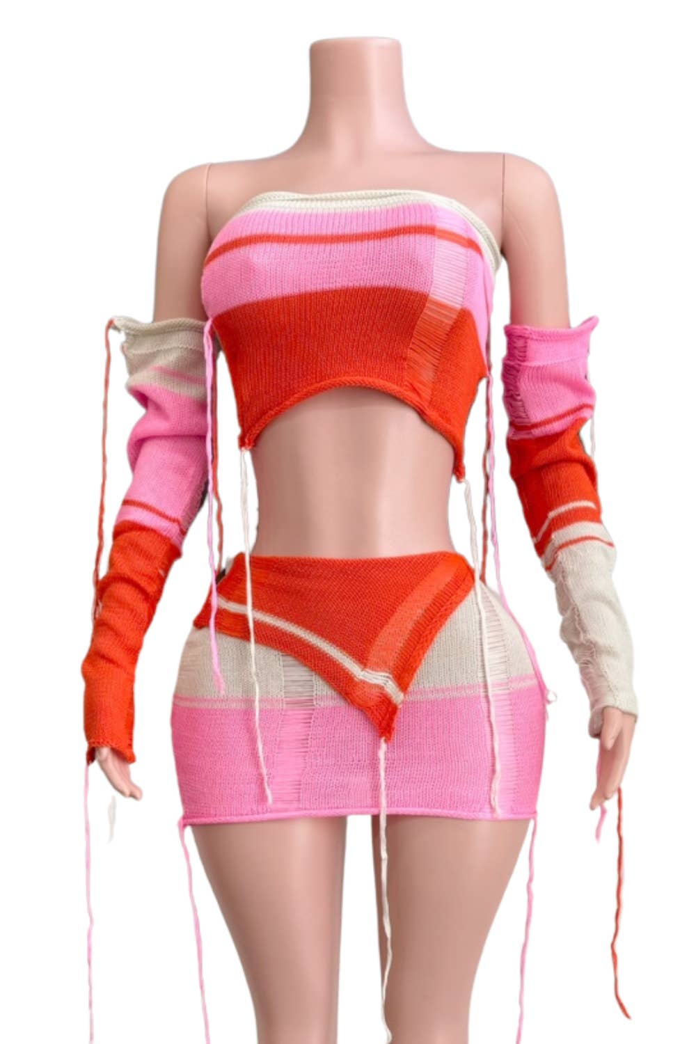 NC2017A Colorblock Distressed Knit Two-Piece Set: PINK MULTI / S-M-L (2-2-2)