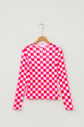 Checker Sheer Mesh Long Sleeve Blouse