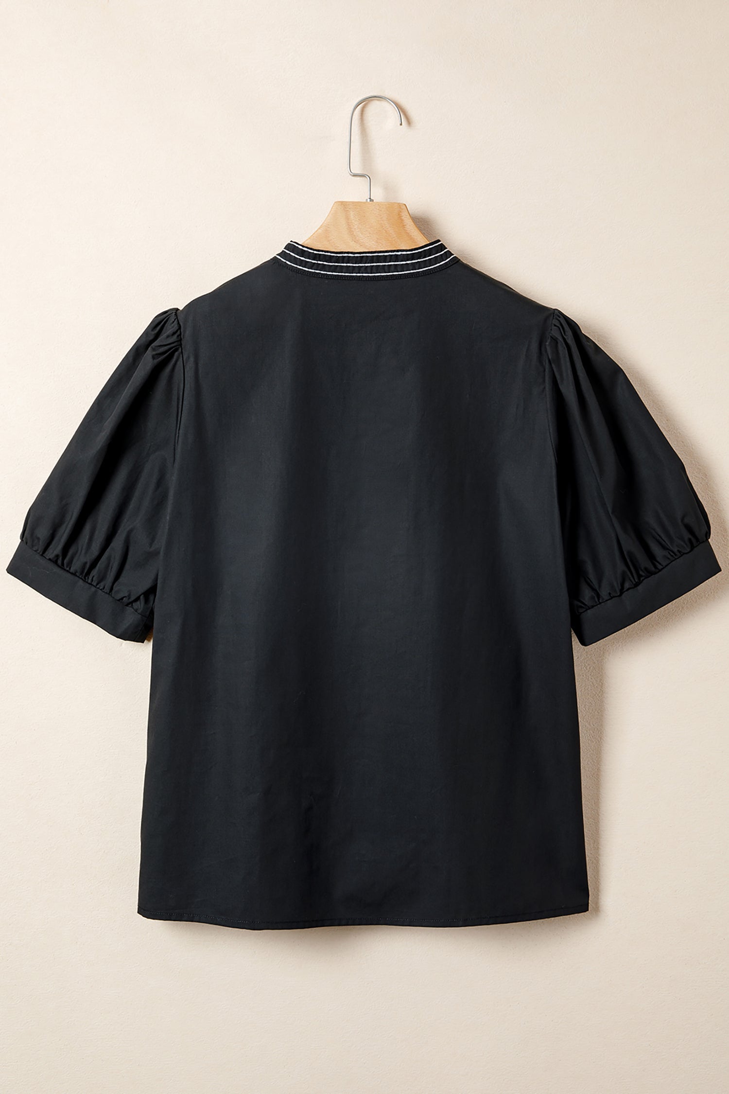 Embroidered V-Neck Short Puff Sleeve Blouse