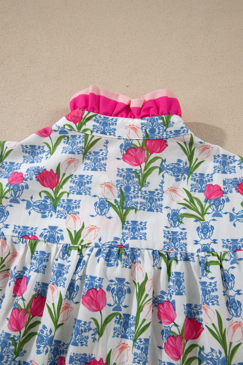 Floral Colorblock Flutter Sleeve Half Button Blouse