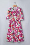Floral Zip-Up V-Neck Short Puff Sleeve Dress