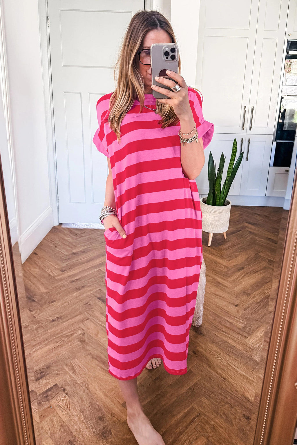 Stripe Cuffed Short Sleeve T-Shirt Long Dress w/ Pockets
