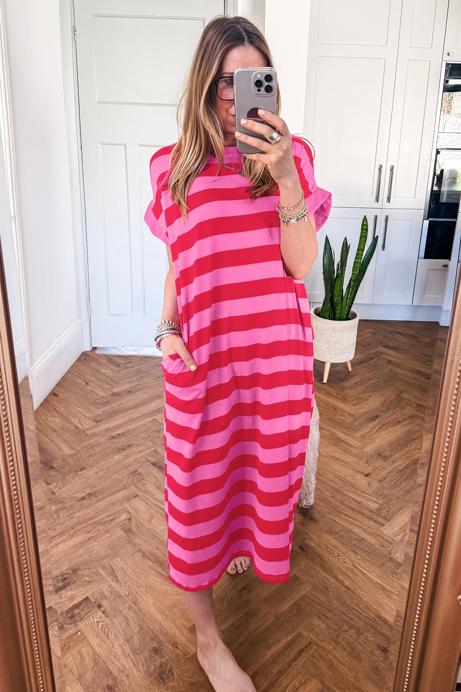 Stripe Cuffed Short Sleeve T-Shirt Long Dress w/ Pockets