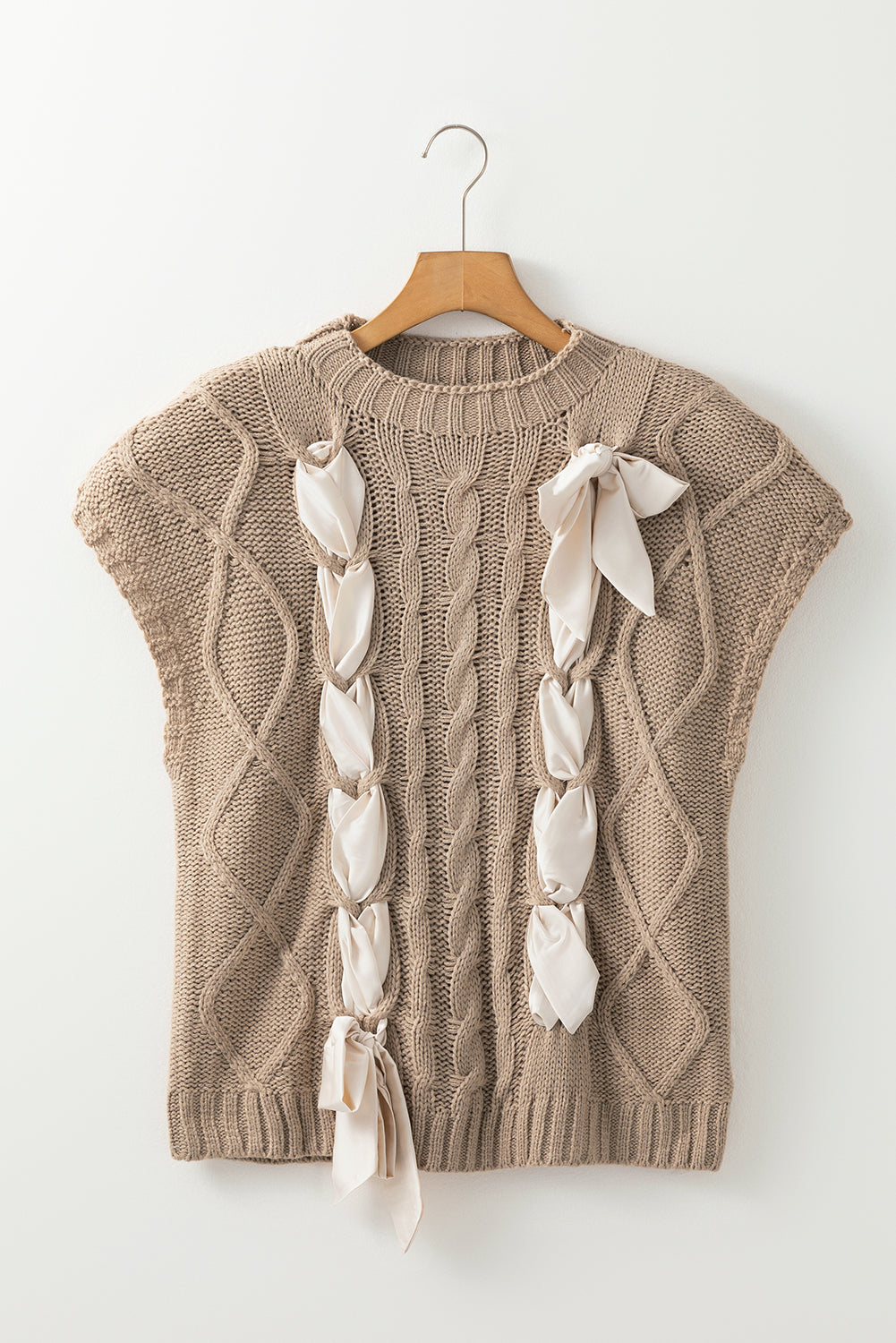 Colorblock Satin Bow Cable Knit Short Sleeve Sweater