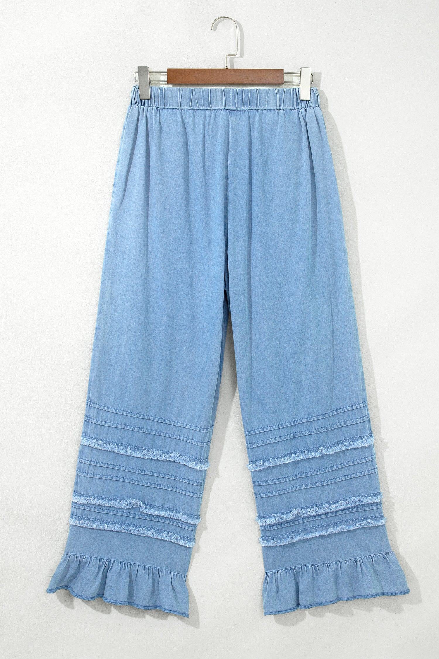 Ruffle Hem High Waist Wide Leg Chambray Pants