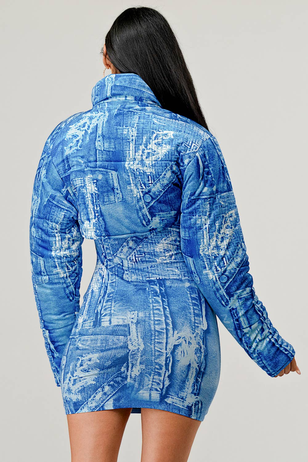 NC2049A Denim Print Mini Dress Set: BLUE / S-M-L (2-2-2)