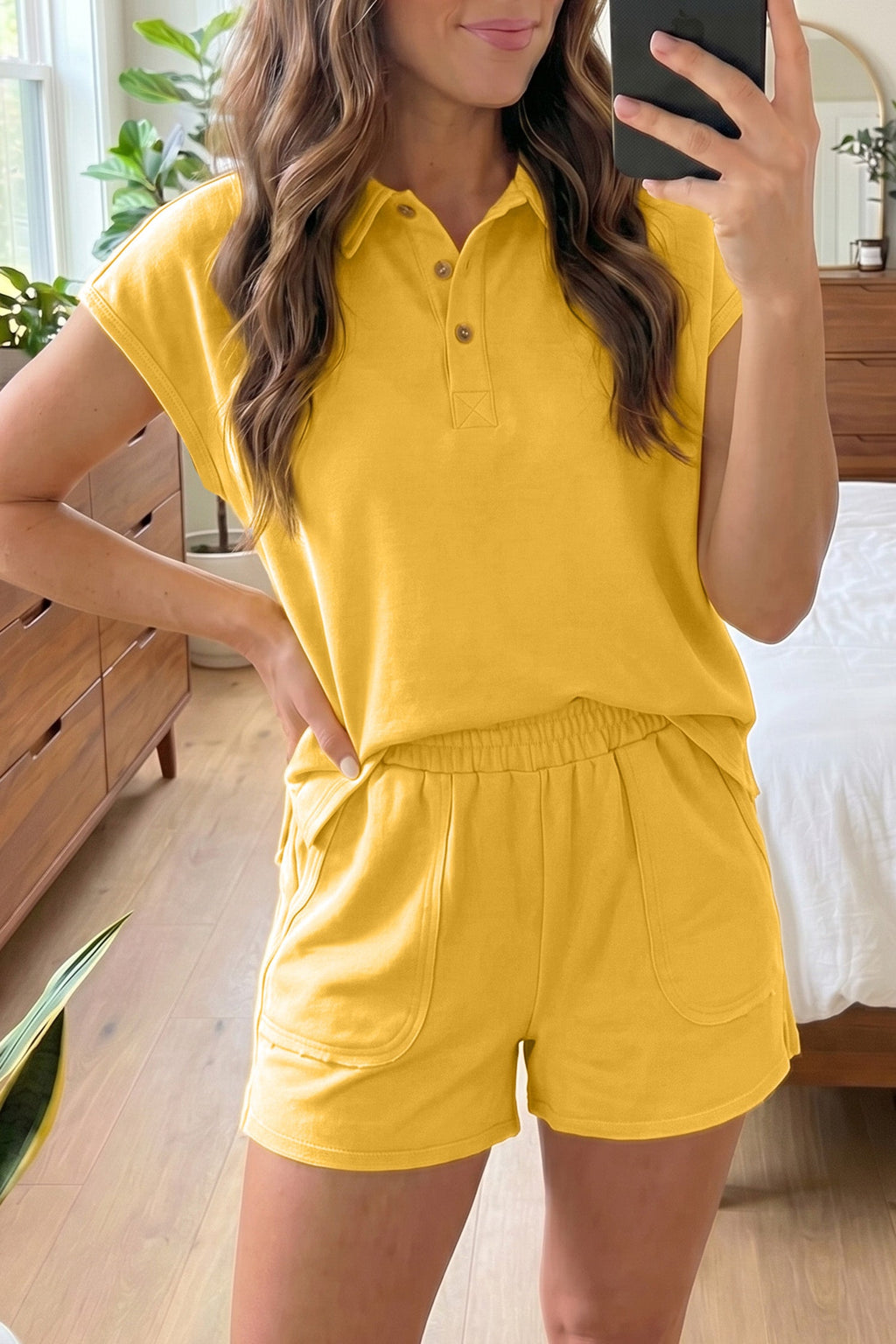 Solid Polo Tee & Elastic Waist Short Set