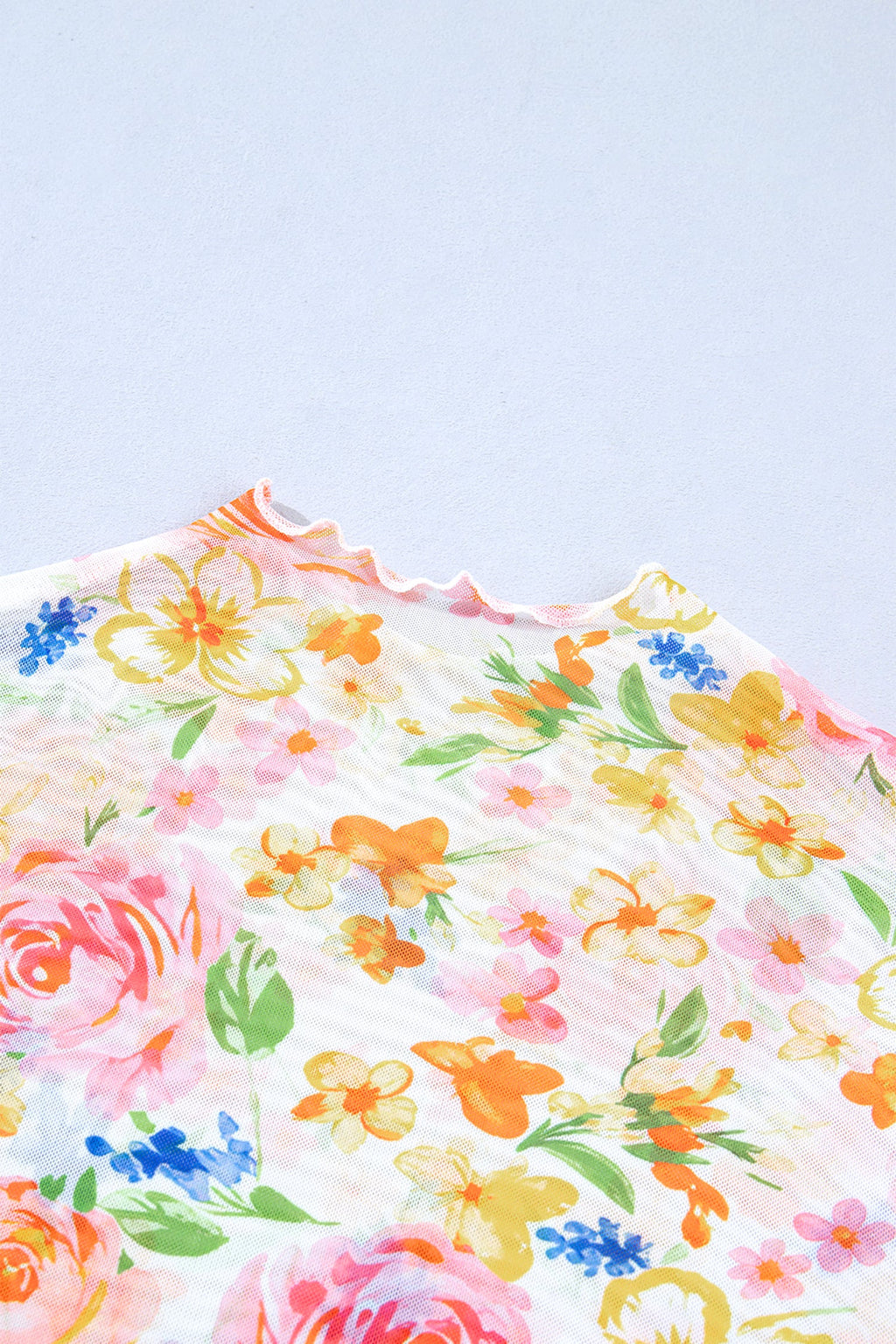 Floral Sheer Mesh Lettuce Trim Long Sleeve Top