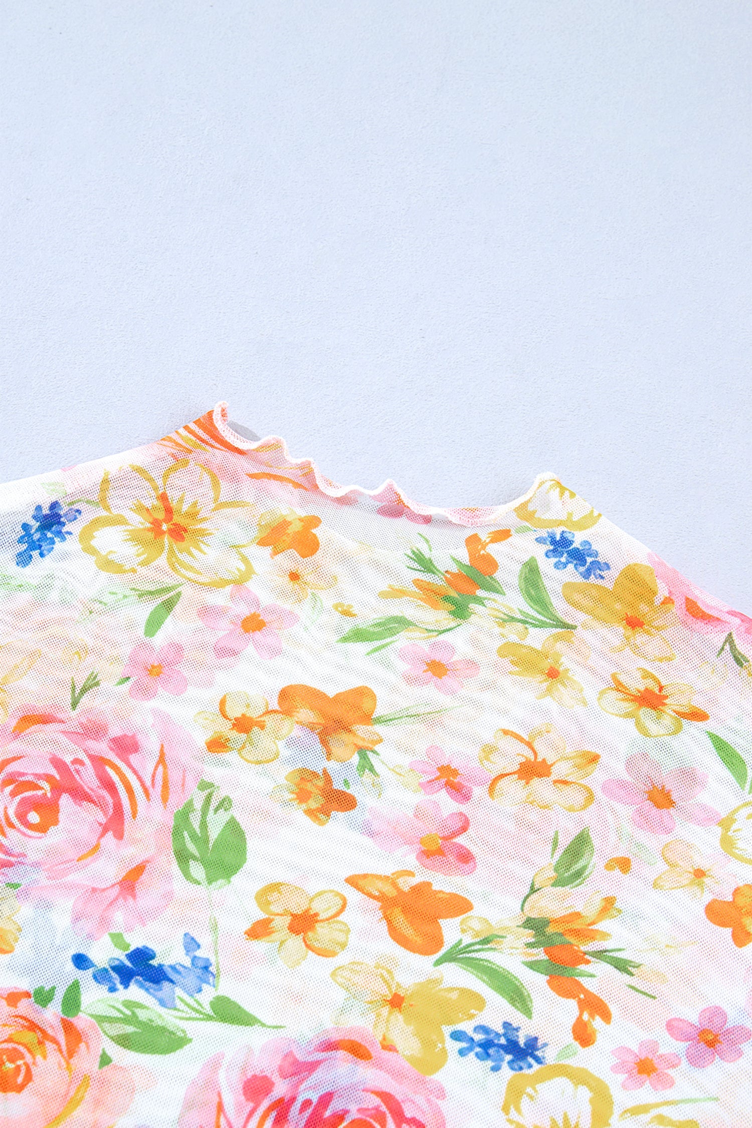 Floral Sheer Mesh Lettuce Trim Long Sleeve Top