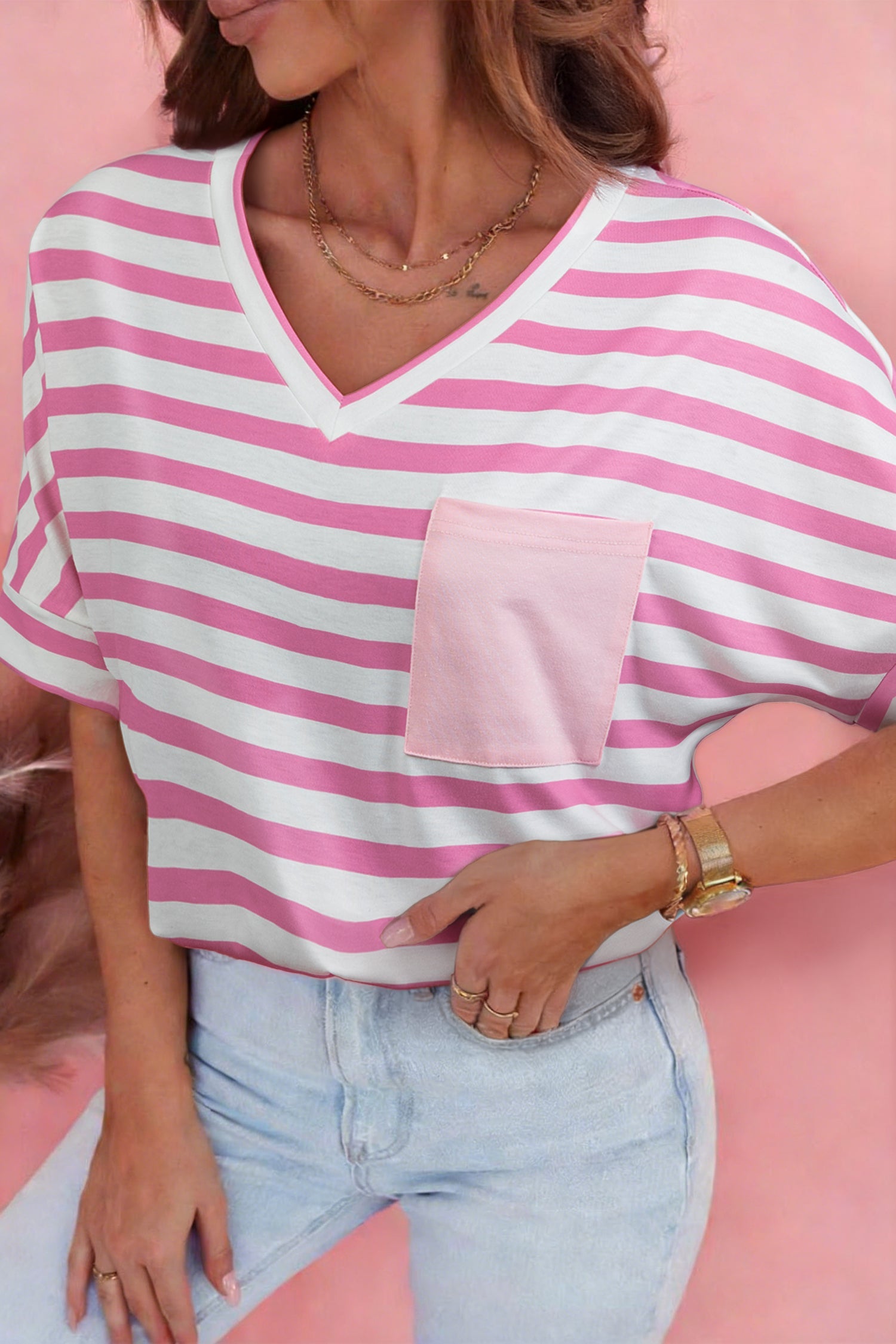 Stripe V-Neck Patch Pocket T-Shirt
