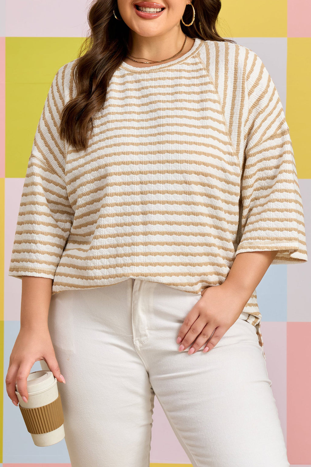 Plus Size Stripe Textured Patchwork 3/4 Sleeve Top