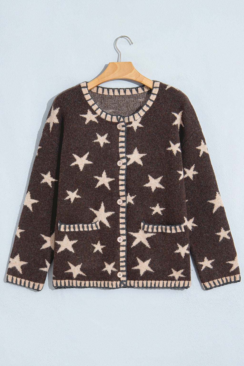 Star Stripe Trim Long Sleeve Open Front Cardigan