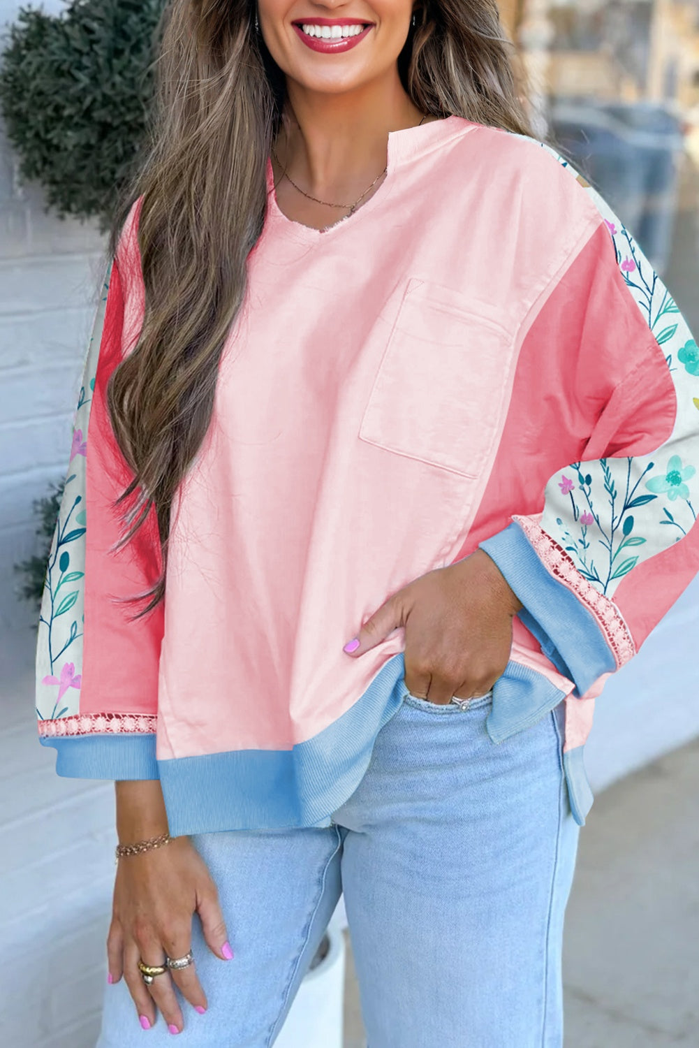 Floral Colorblock Patchwork Chest Pocket Long Sleeve Top