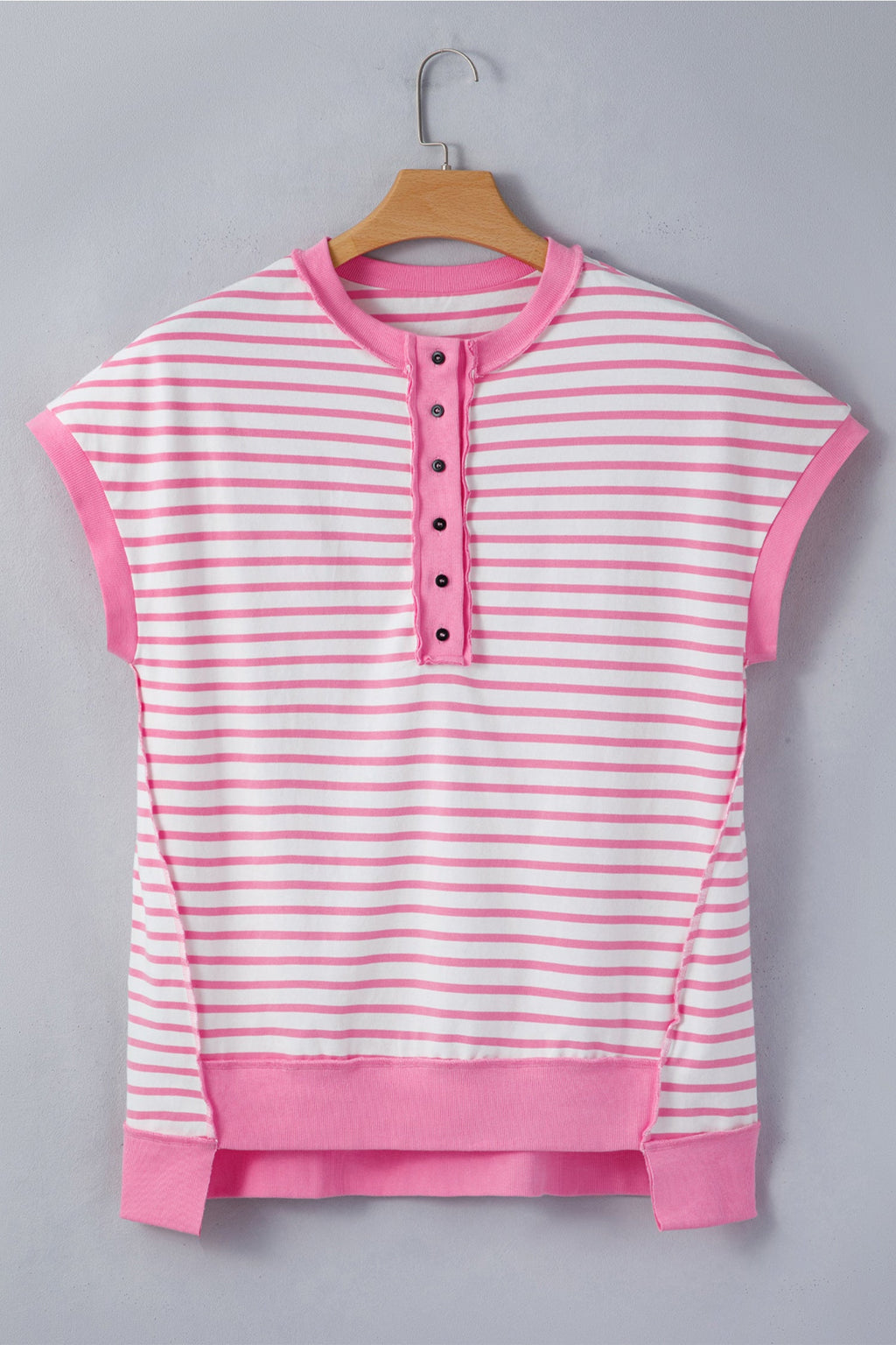 Stripe Half Placket High Low Short Sleeve Top
