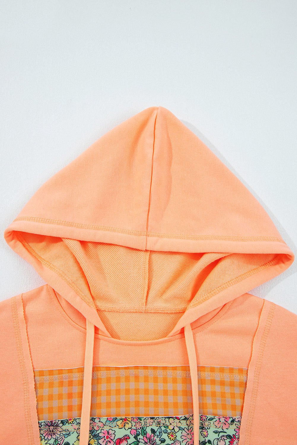 Plaid Floral Patchwork Kangaroo Pocket Hooded Top