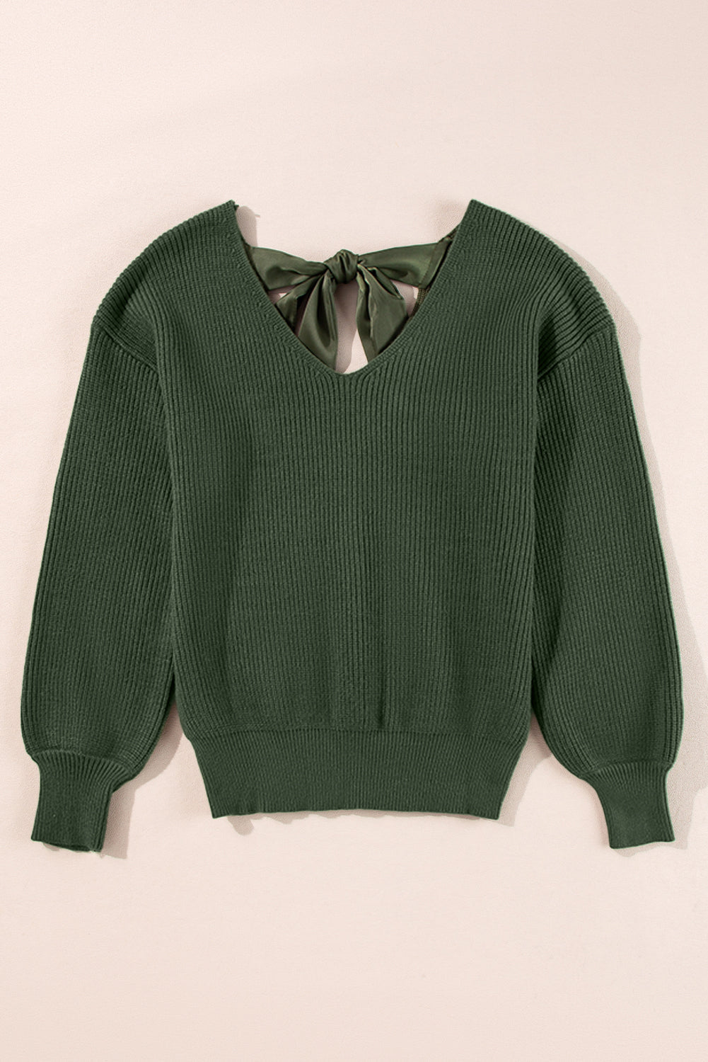 Bow Back Lantern Sleeve V-Neck Sweater