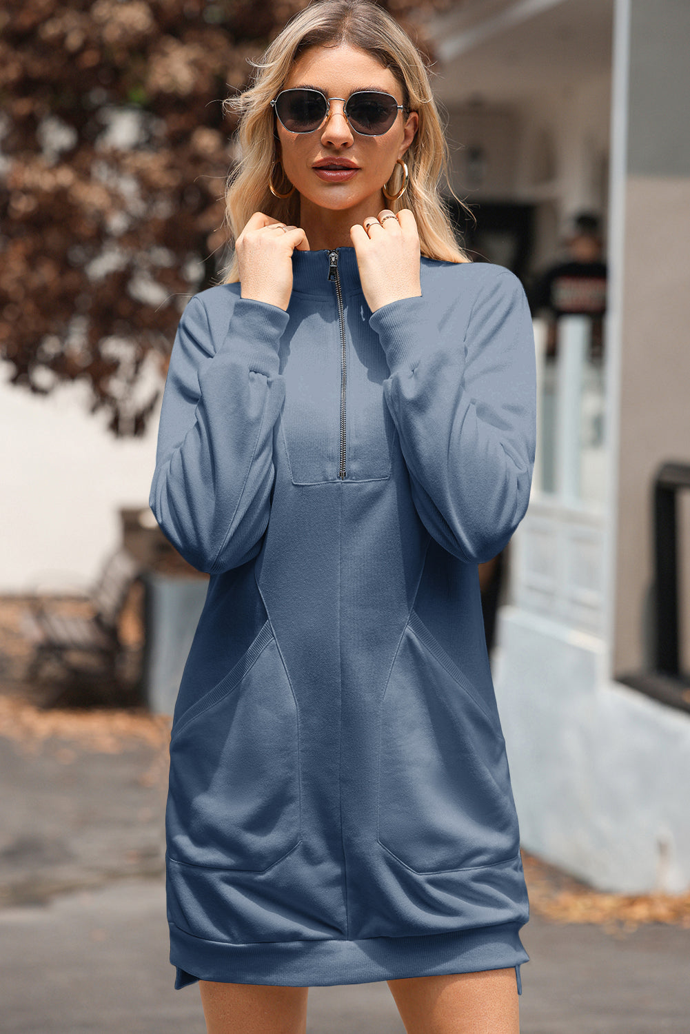 Solid Ribbed Patchwork Pocketed Sweatshirt Dress