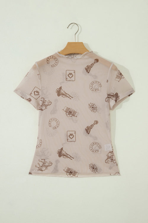 Western & Leopard Mesh Short Sleeve Top