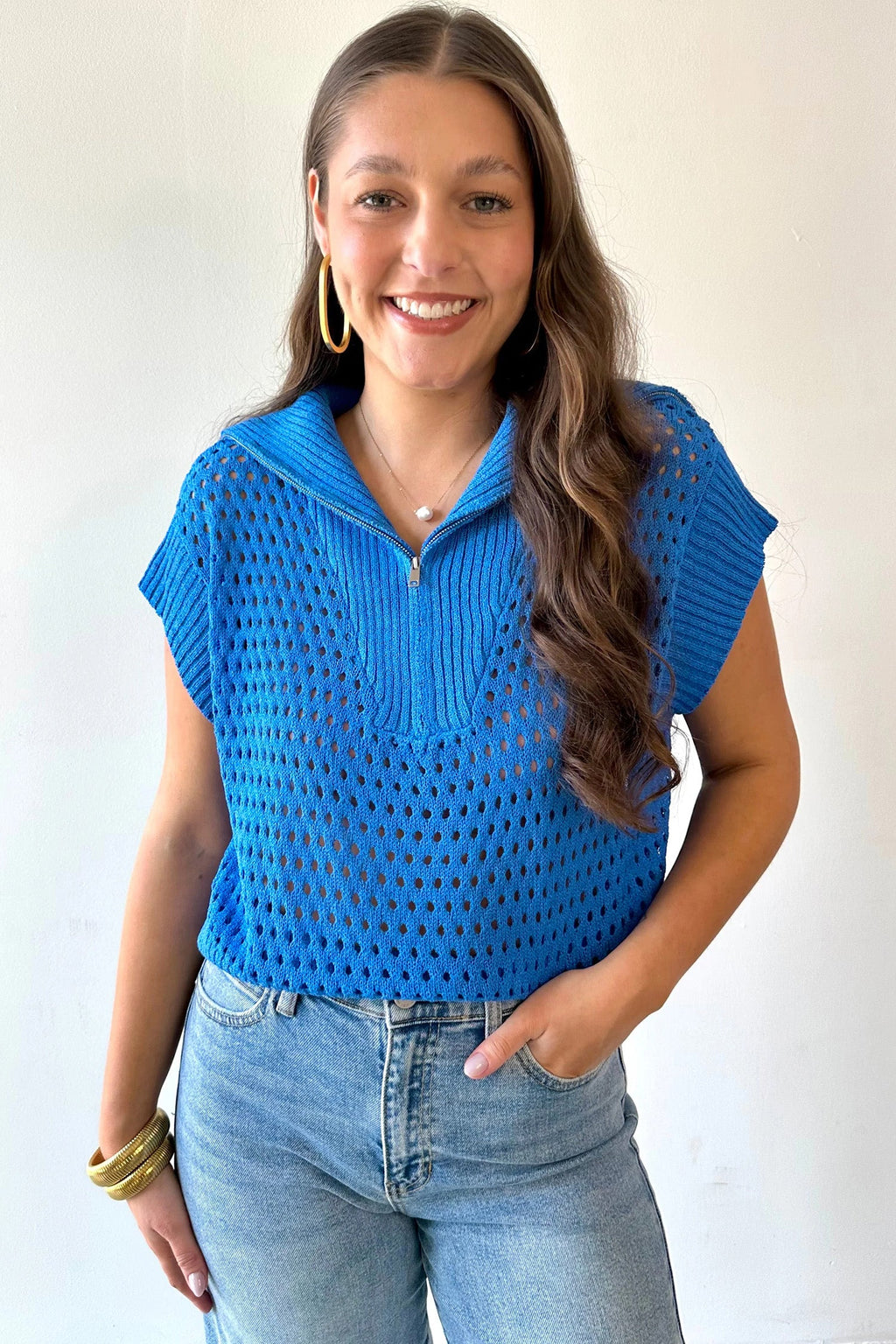 Solid Hollowed Knit Zipped Collar Short Sleeve Top