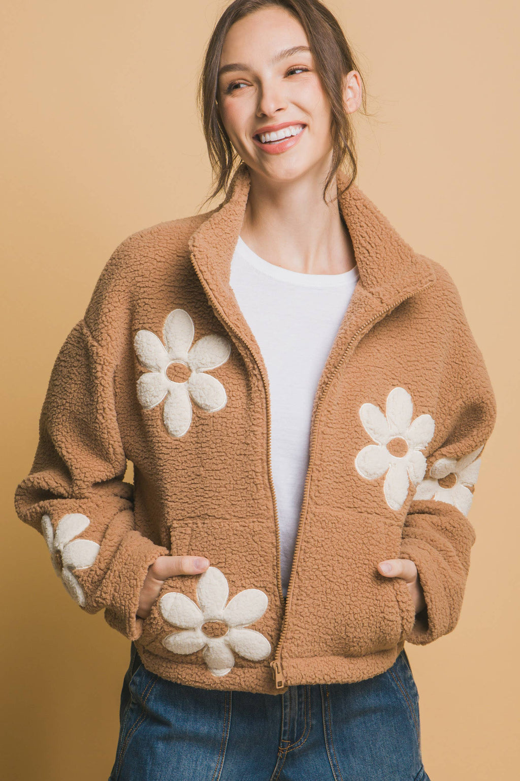 ',,,._ Faux fur Jacket: CAMEL-173616 / L