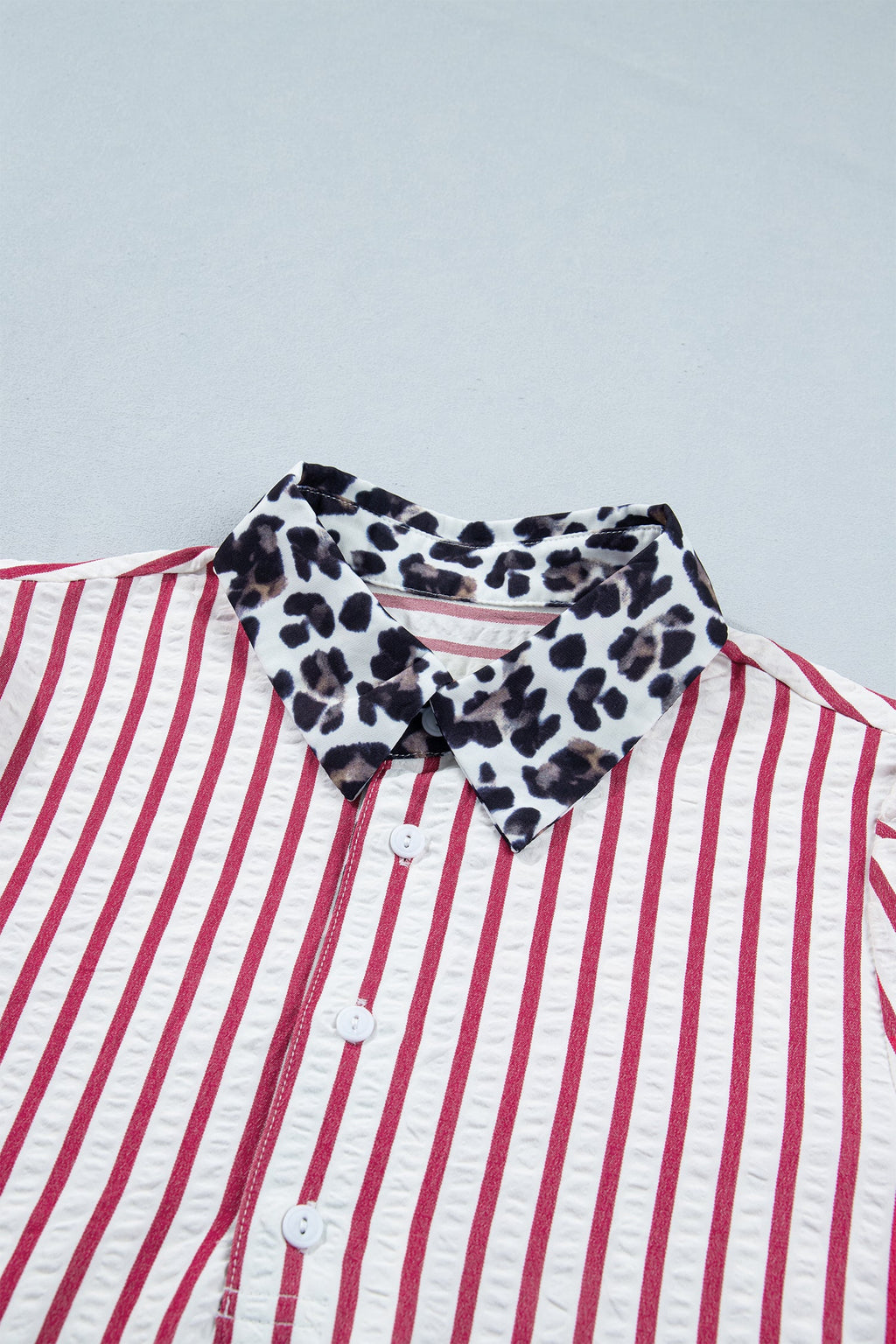 Stripe Leopard Contrast Trim Collared Blouse