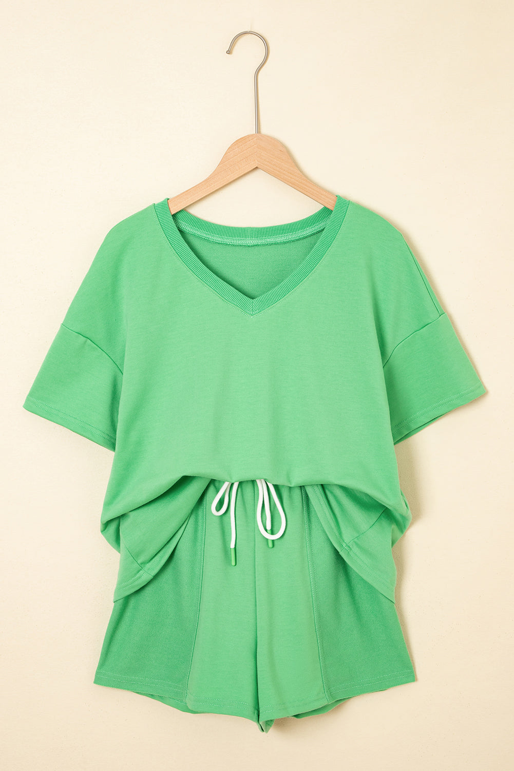 Solid V-Neck Tee and Drawstring Shorts Set