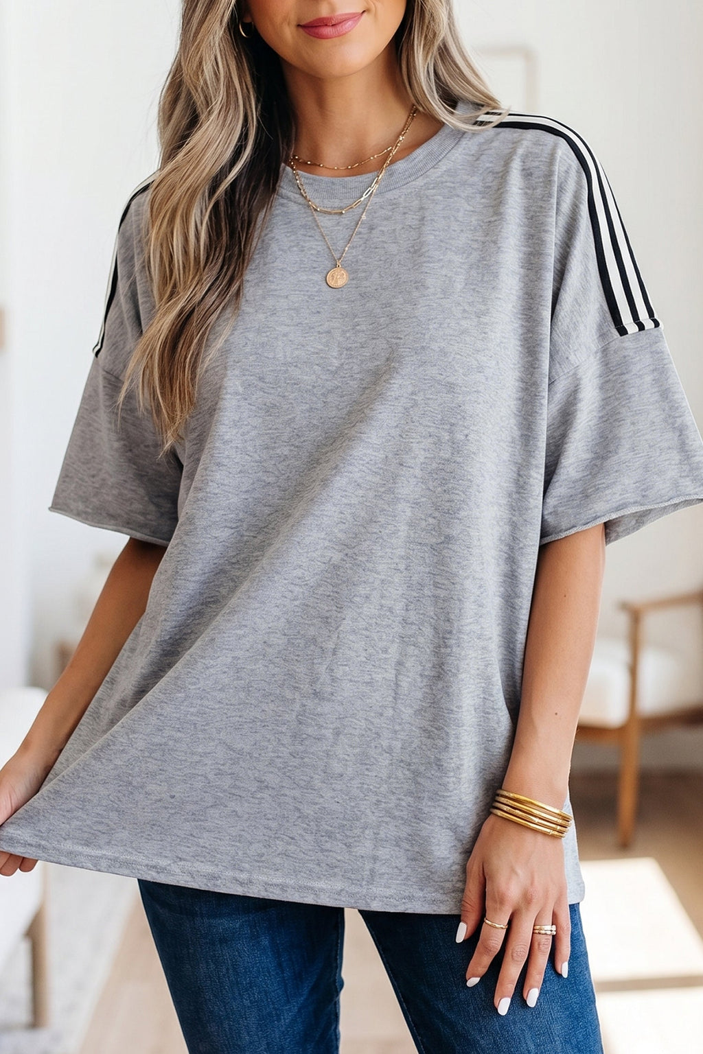 Stripe Patchwork Raw Edge Oversize Tee