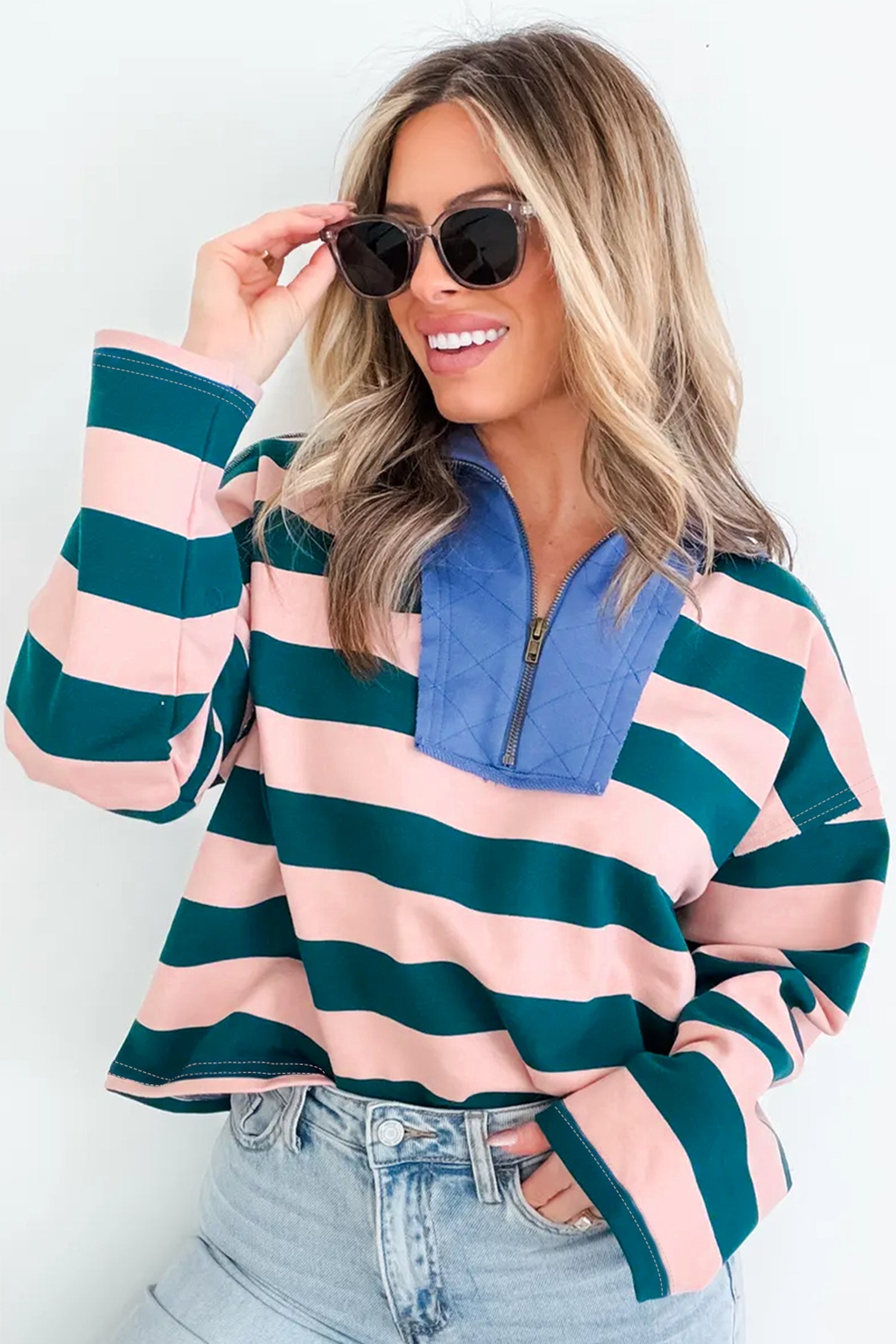 Stripe Quarter-Zip Exposed Seam Long Sleeve Top
