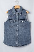 Western Solid Denim Buttoned Pocket Sleeveless Vest