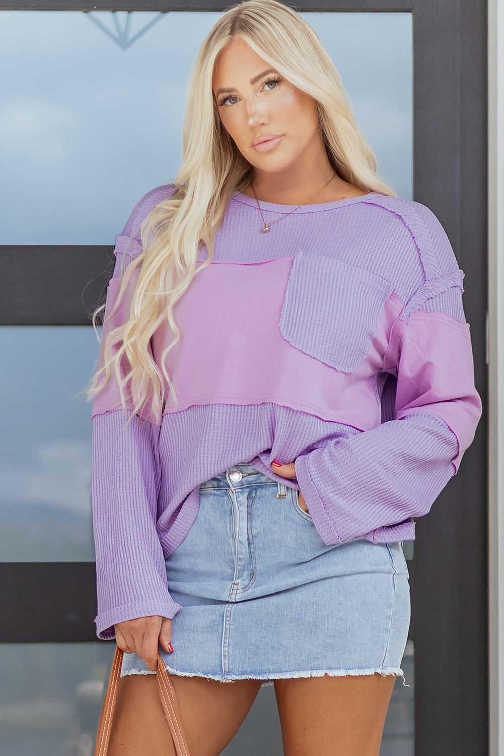 Colorblock Waffle Knit Patchwork Long Sleeve Top