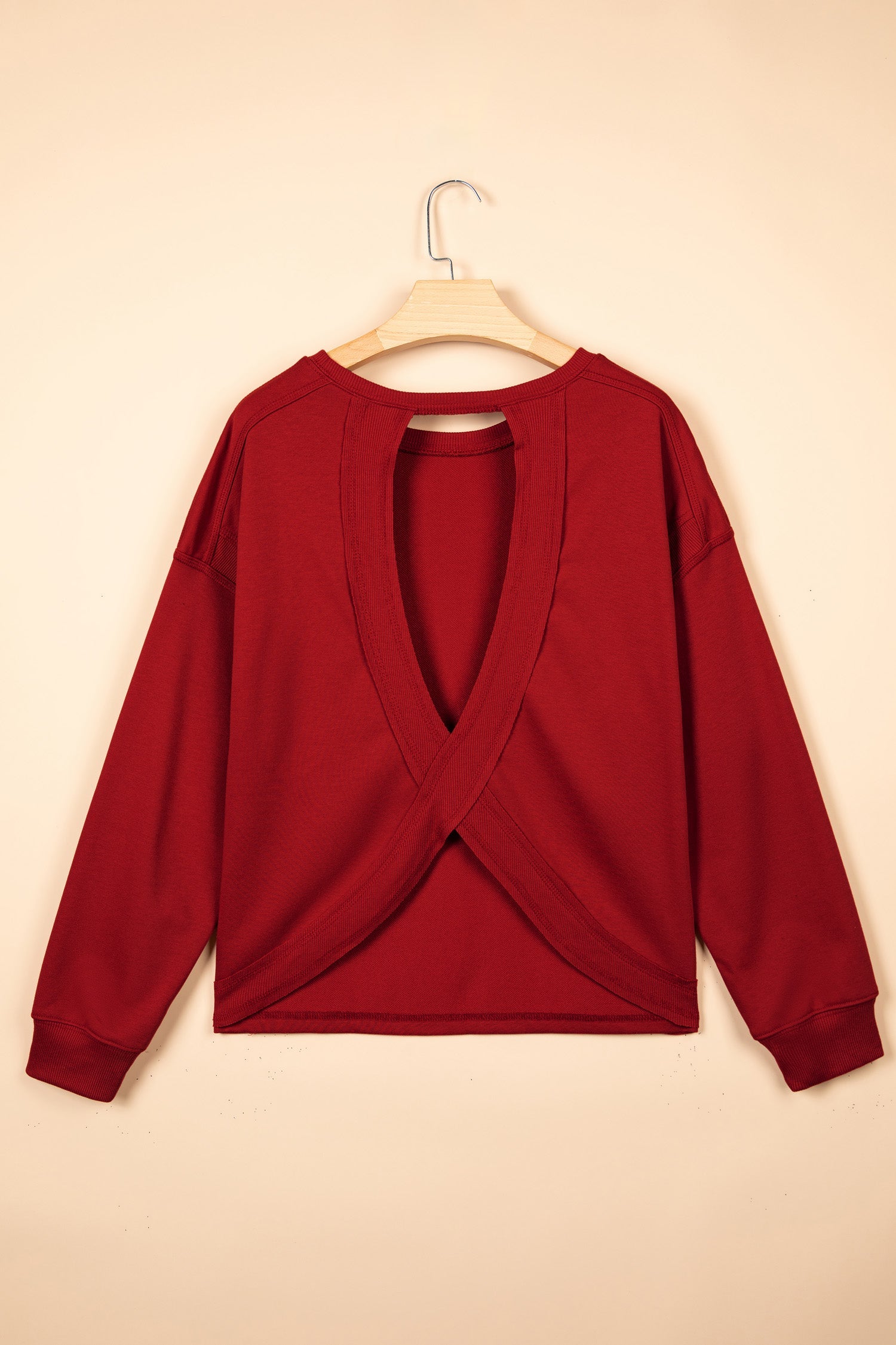 Solid Ribbed Long Sleeve Drop Shoulder Cutout Back Sweatshirt