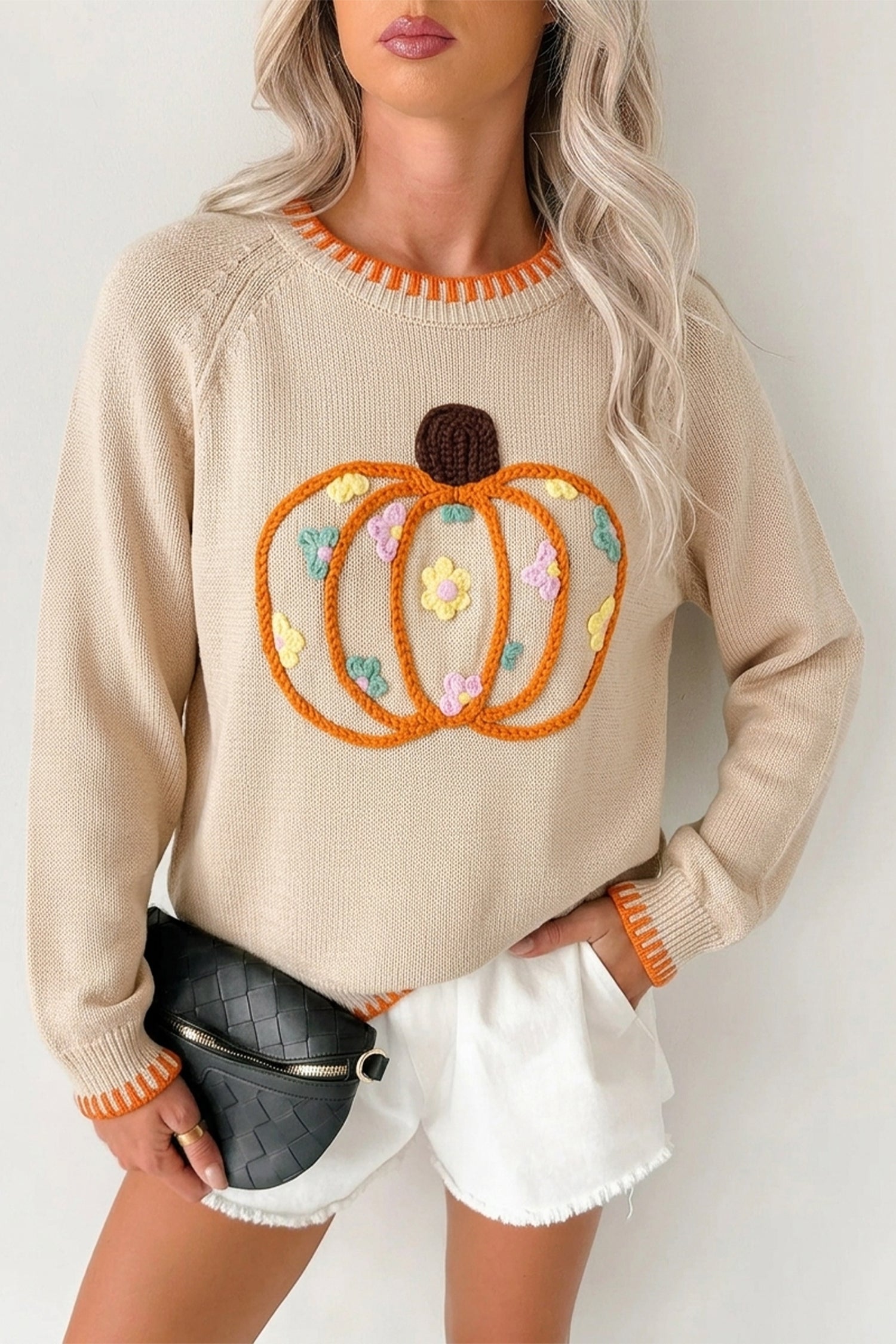 Pumpkin Floral Embroidered Round Neck Sweater