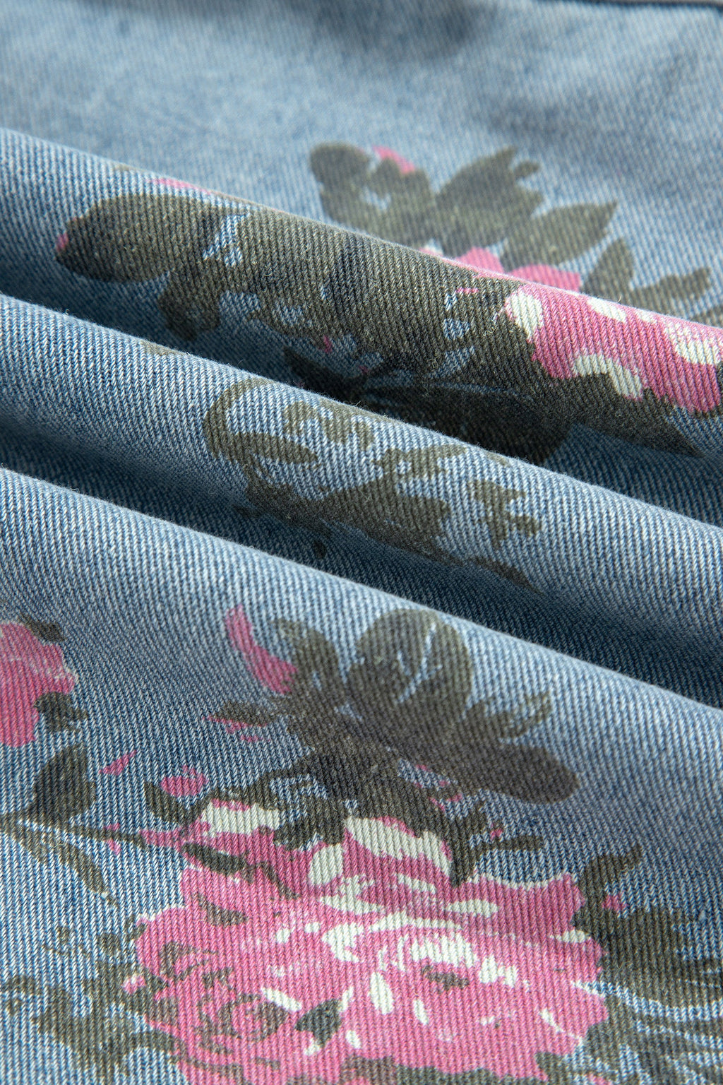 Floral Denim Raw Seam Ruffle Hem Jacket