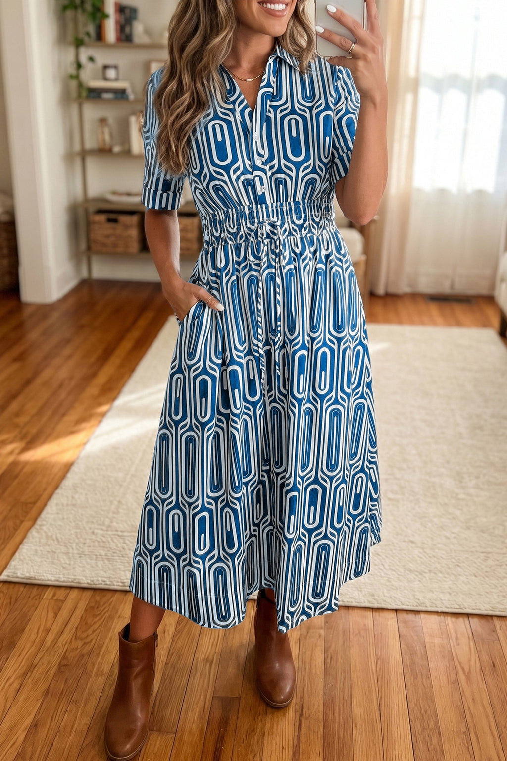 Geometric Drawstring Waist Short Sleeve Midi Dress