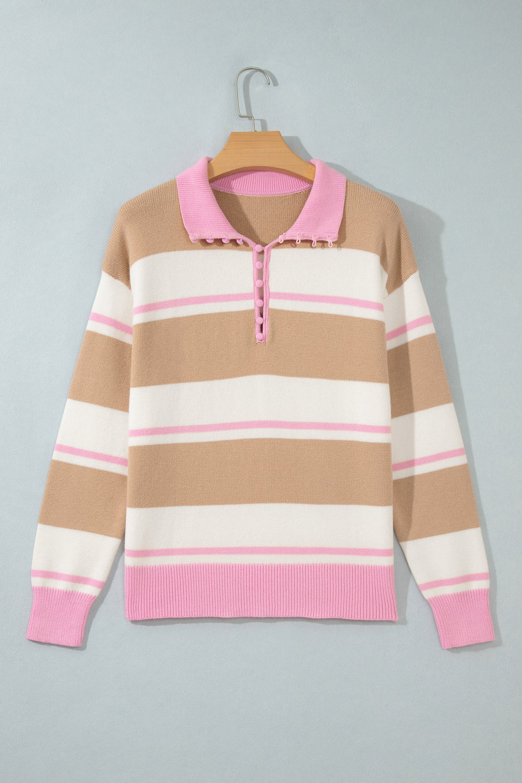 Stripe Colorblock Buttoned Collar Drop Shoulder Sweater