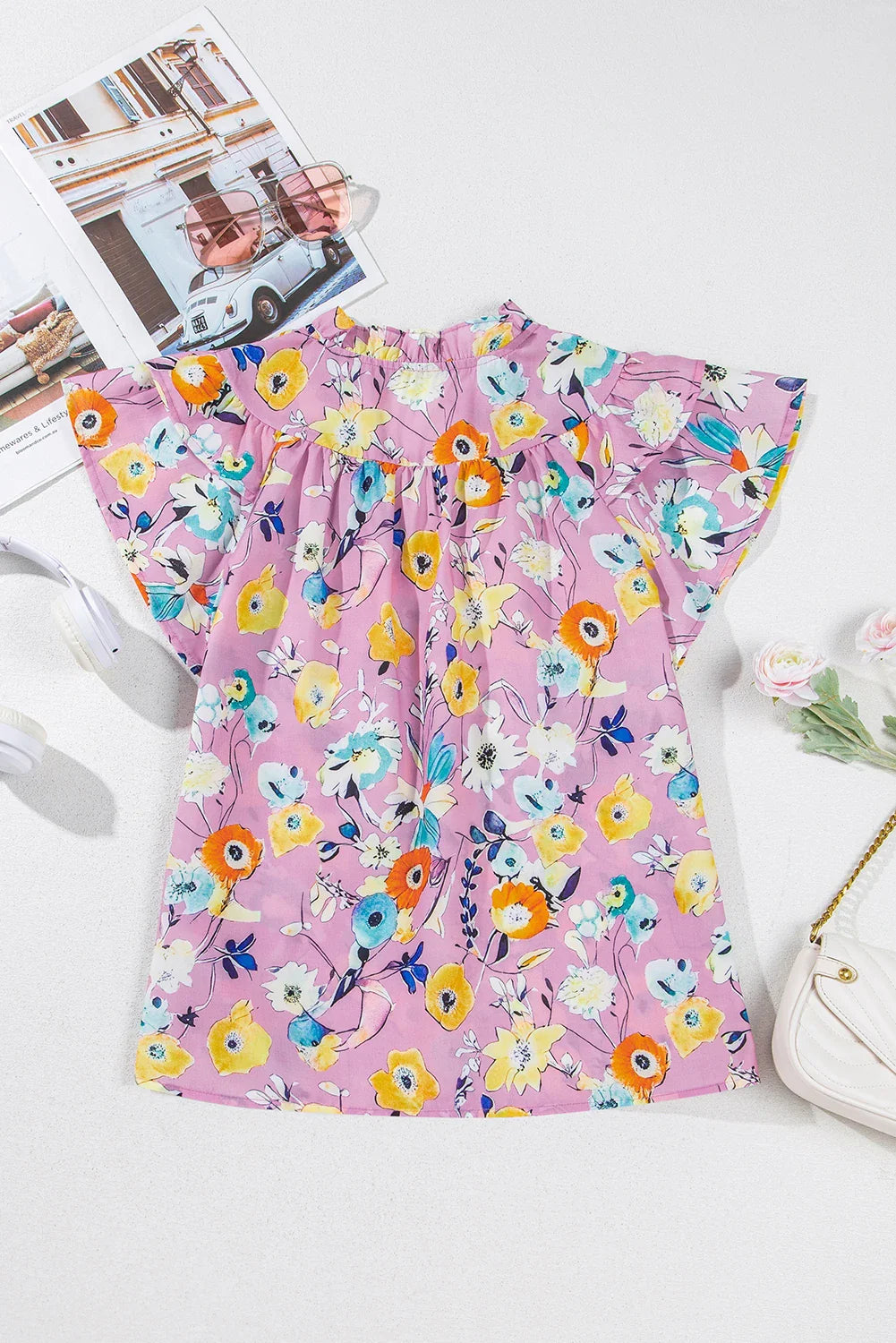 Floral Flutter Sleeve V-Neck Top