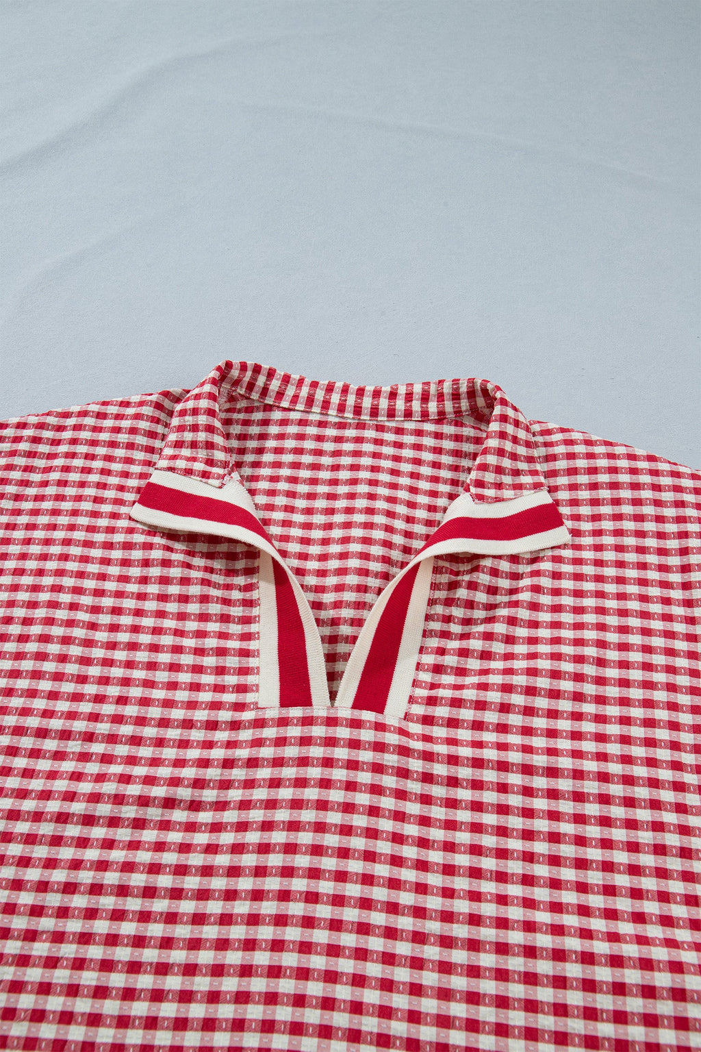 Gingham Plaid Colorblock Trim Split Neck Blouse
